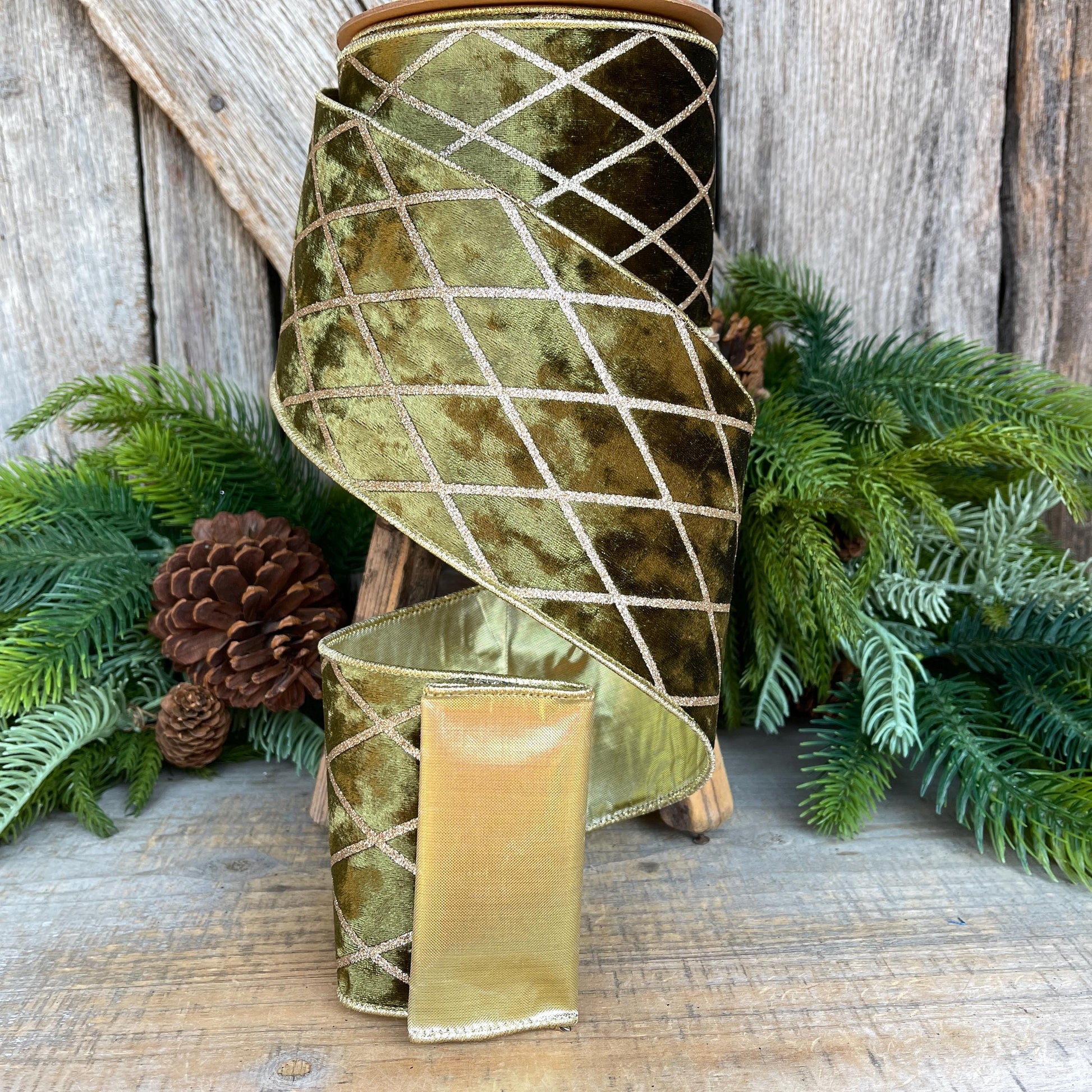 Dark Moss Green Velvet Wired Ribbon, Green Gold Lattice Ribbon Christmas Tree & Holiday Decor, 4" x 10yds