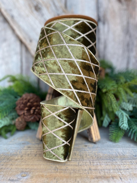 Dark Moss Green Velvet Wired Ribbon, Green Gold Lattice Ribbon Christmas Tree & Holiday Decor, 4" x 10yds