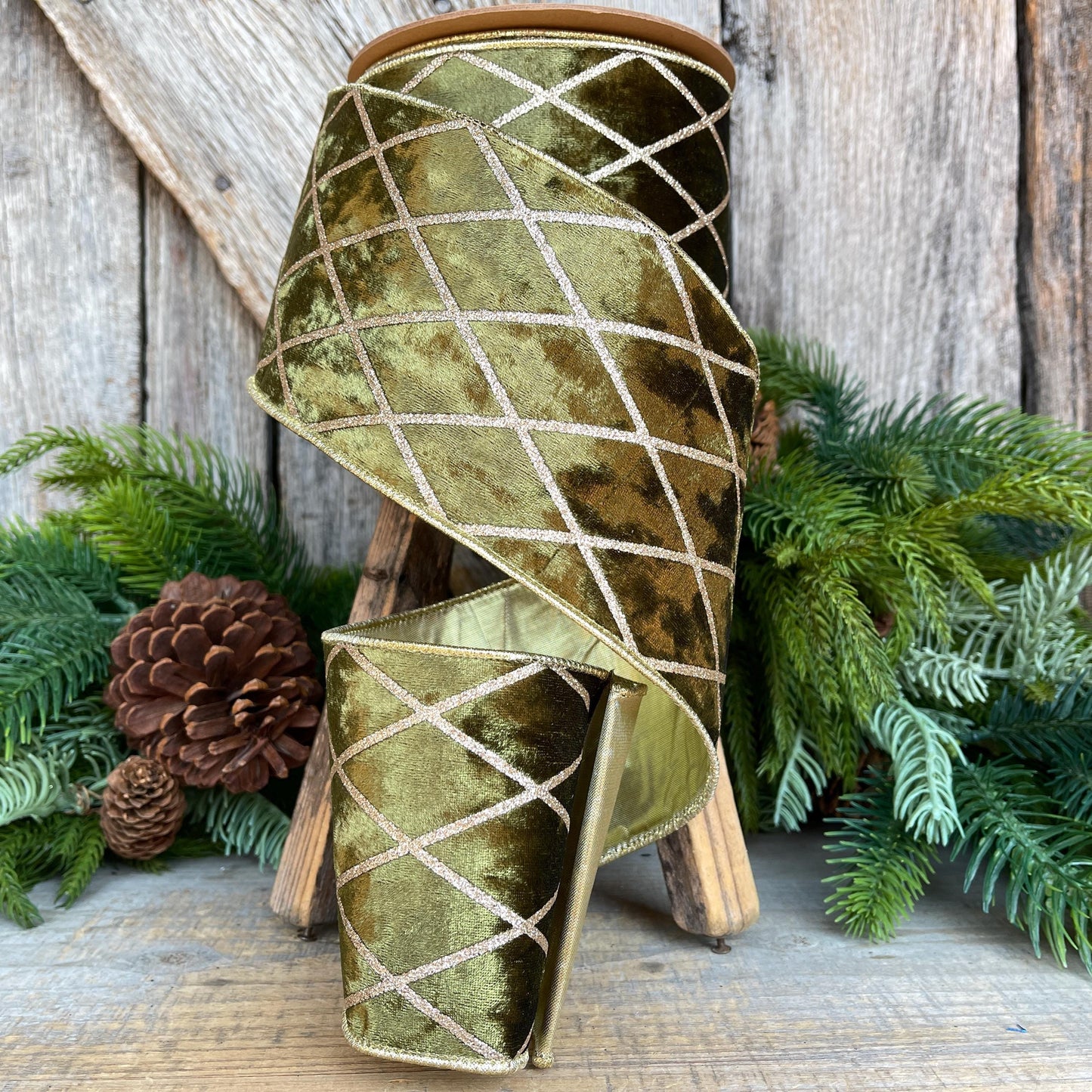 Dark Moss Green Velvet Wired Ribbon, Green Gold Lattice Ribbon Christmas Tree & Holiday Decor, 4" x 10yds