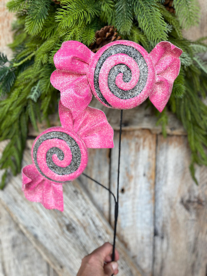 Pink Halloween Candy Lollipop Floral Pick: Hot Pink &amp; Black Candy Spray, 28 inches