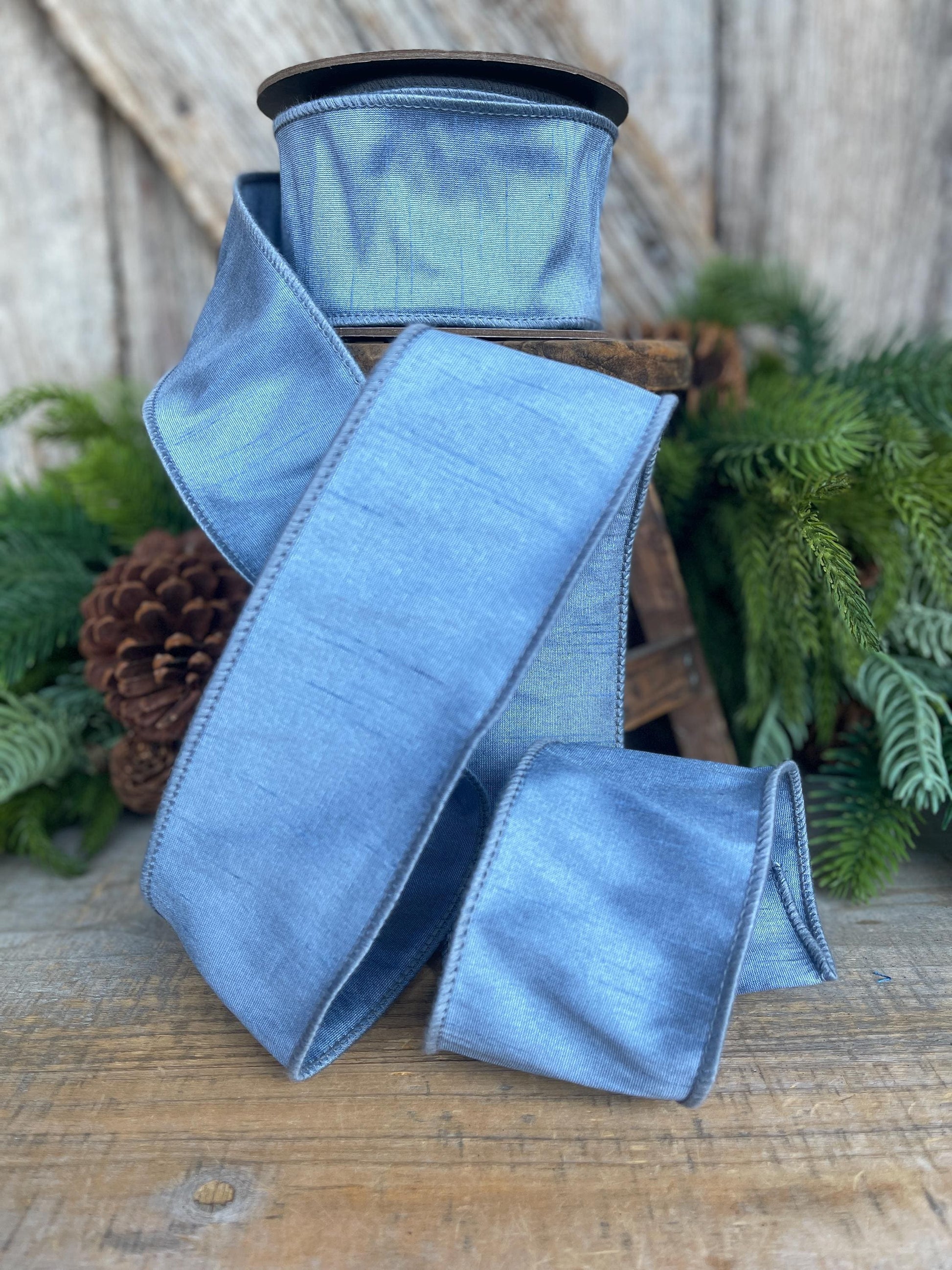 2.5" French Blue Dupioni Ribbon, Wired Ribbon, Narrow Ribbon