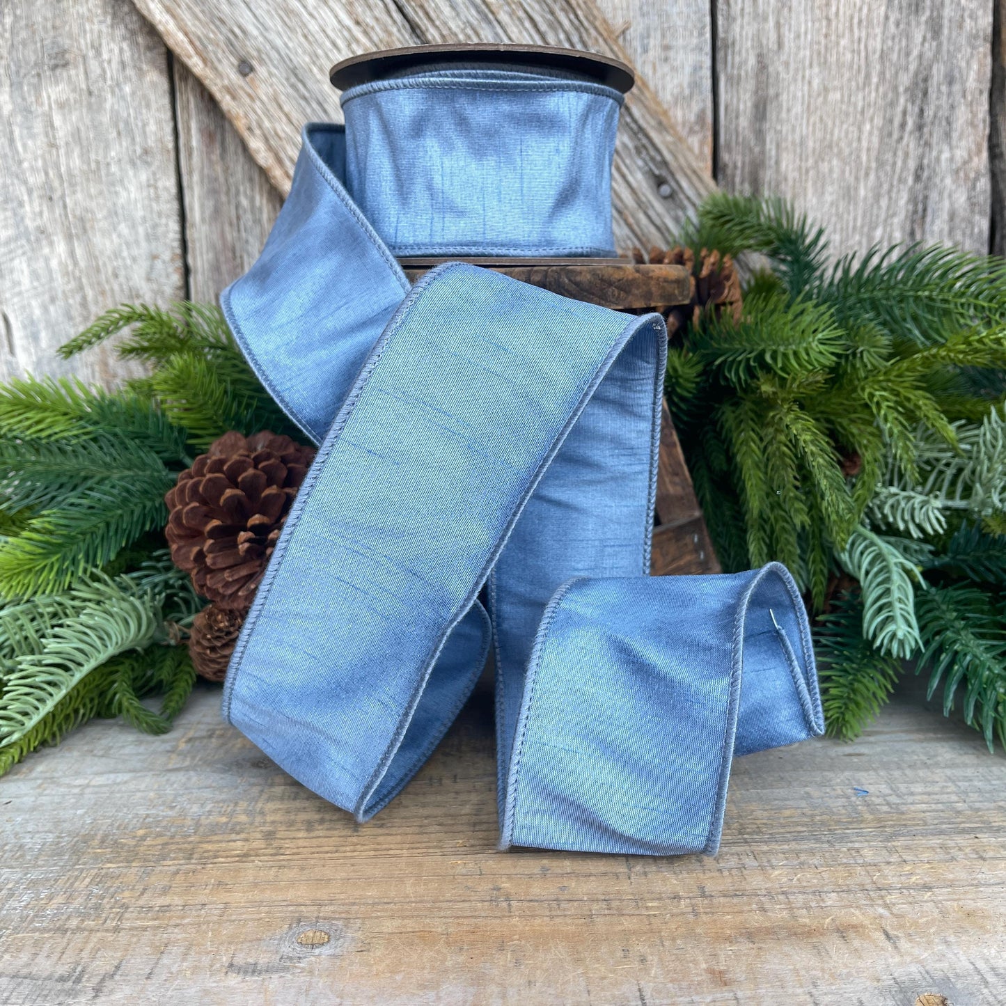 2.5" French Blue Dupioni Ribbon, Wired Ribbon, Narrow Ribbon