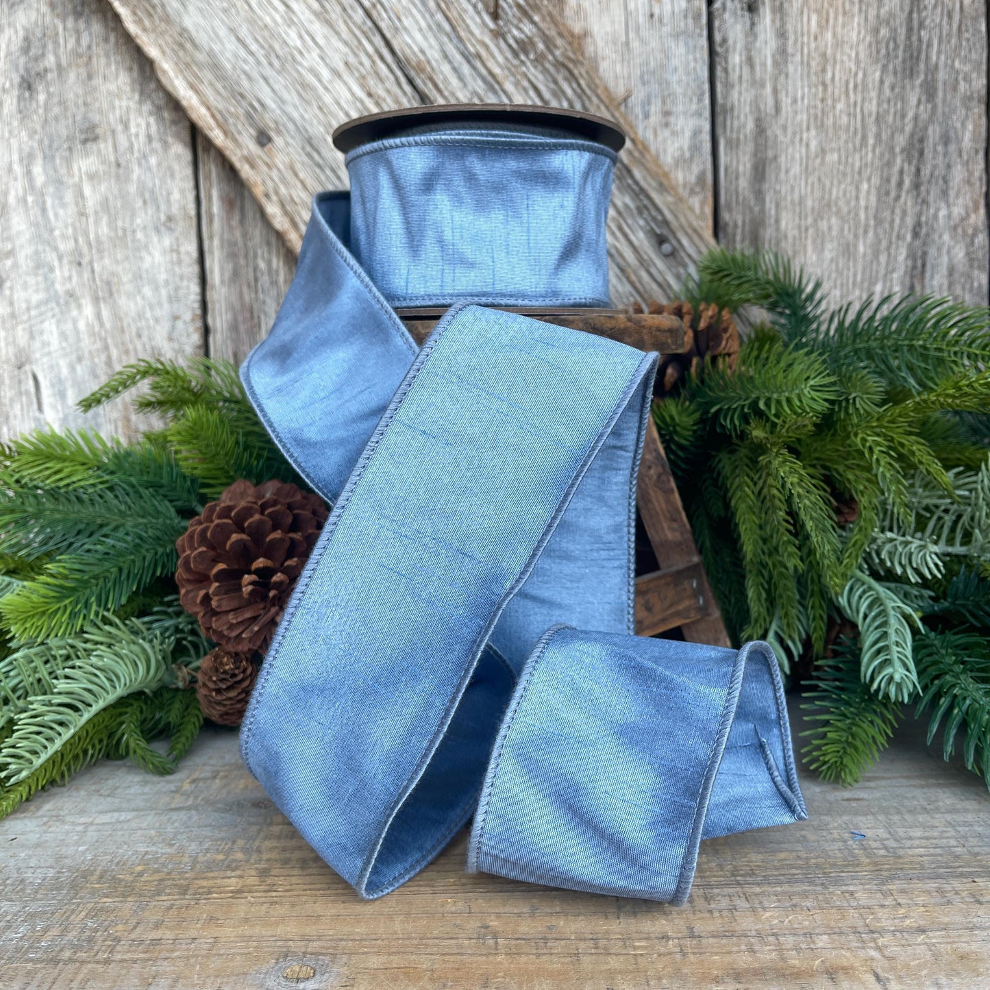 2.5" French Blue Dupioni Ribbon, Wired Ribbon, Narrow Ribbon