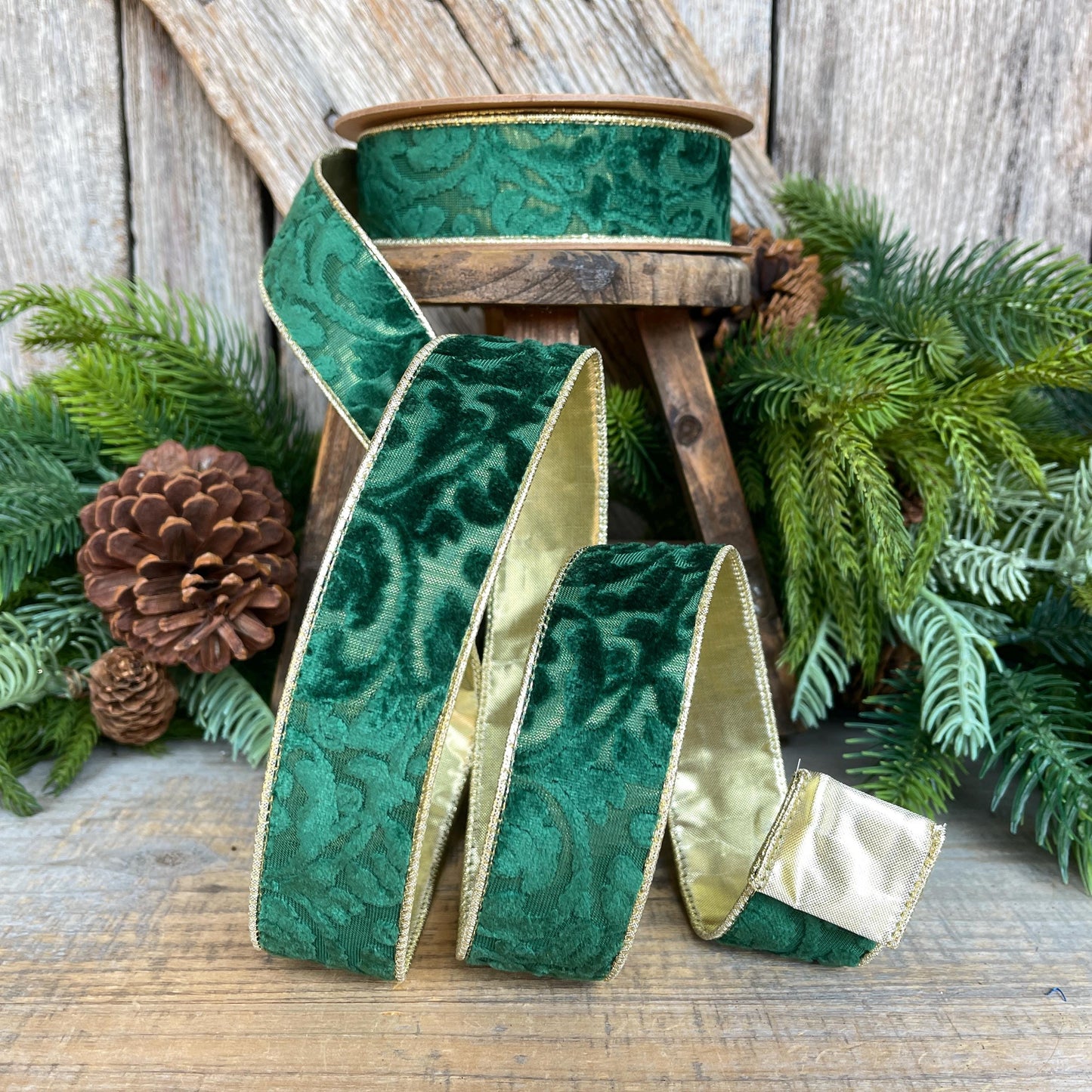 Emerald Green Embossed Velvet Christmas Ribbon: Wired Gold Backing, 1.5" x 10 Yards