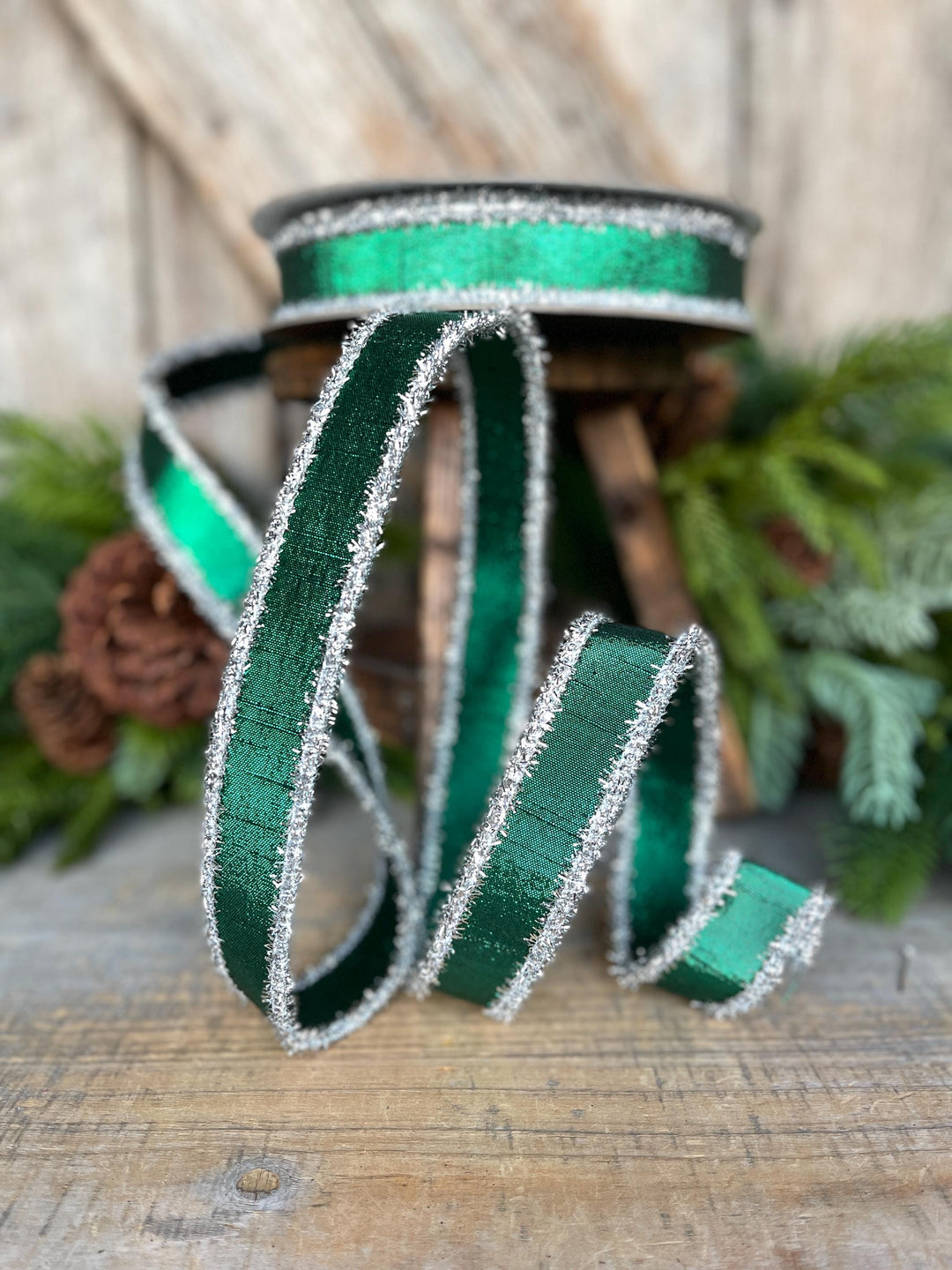 1" Emerald Green & Silver Tinsel Ribbon, Christmas Ribbon, Farrisilk ribbon