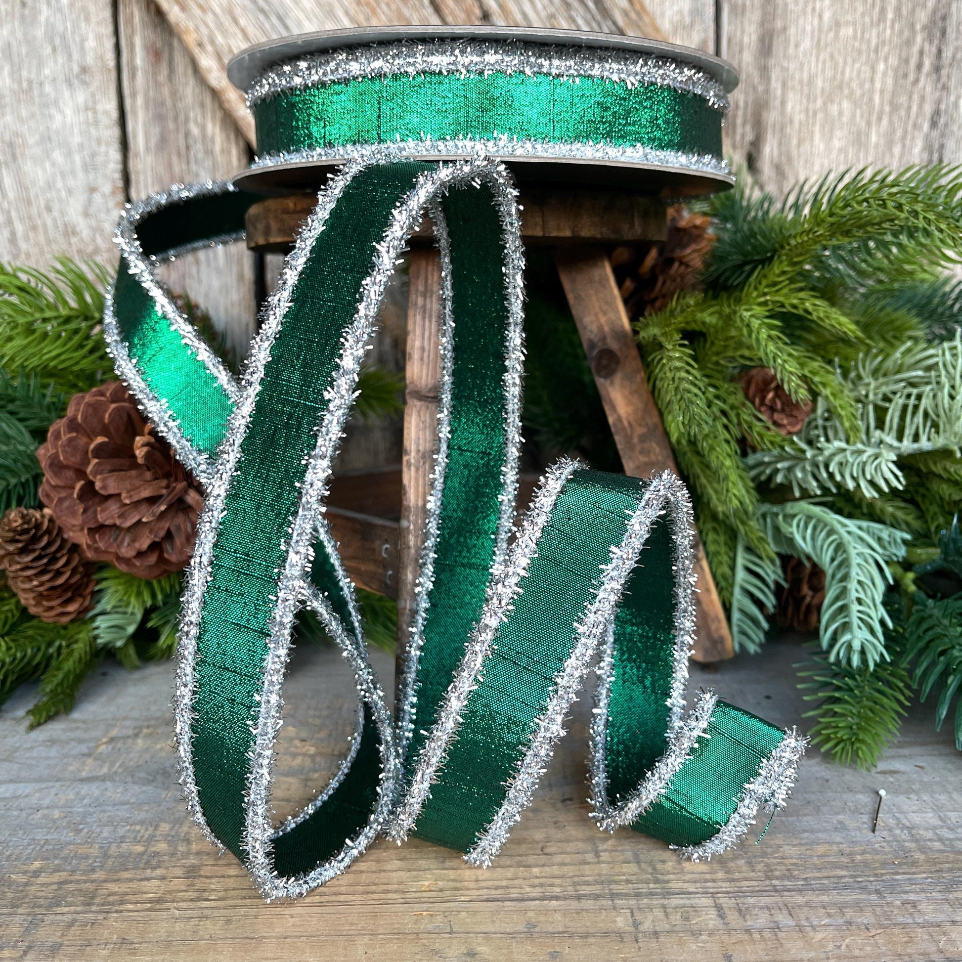 1" Emerald Green & Silver Tinsel Ribbon, Christmas Ribbon, Farrisilk ribbon, 1" x 10 yards