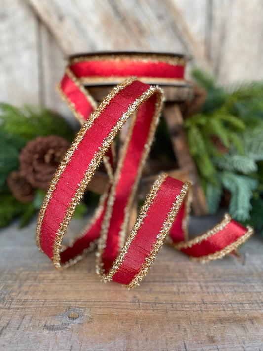 1" Red & Gold Tinsel Ribbon, Christmas Ribbon, Farrisilk ribbon
