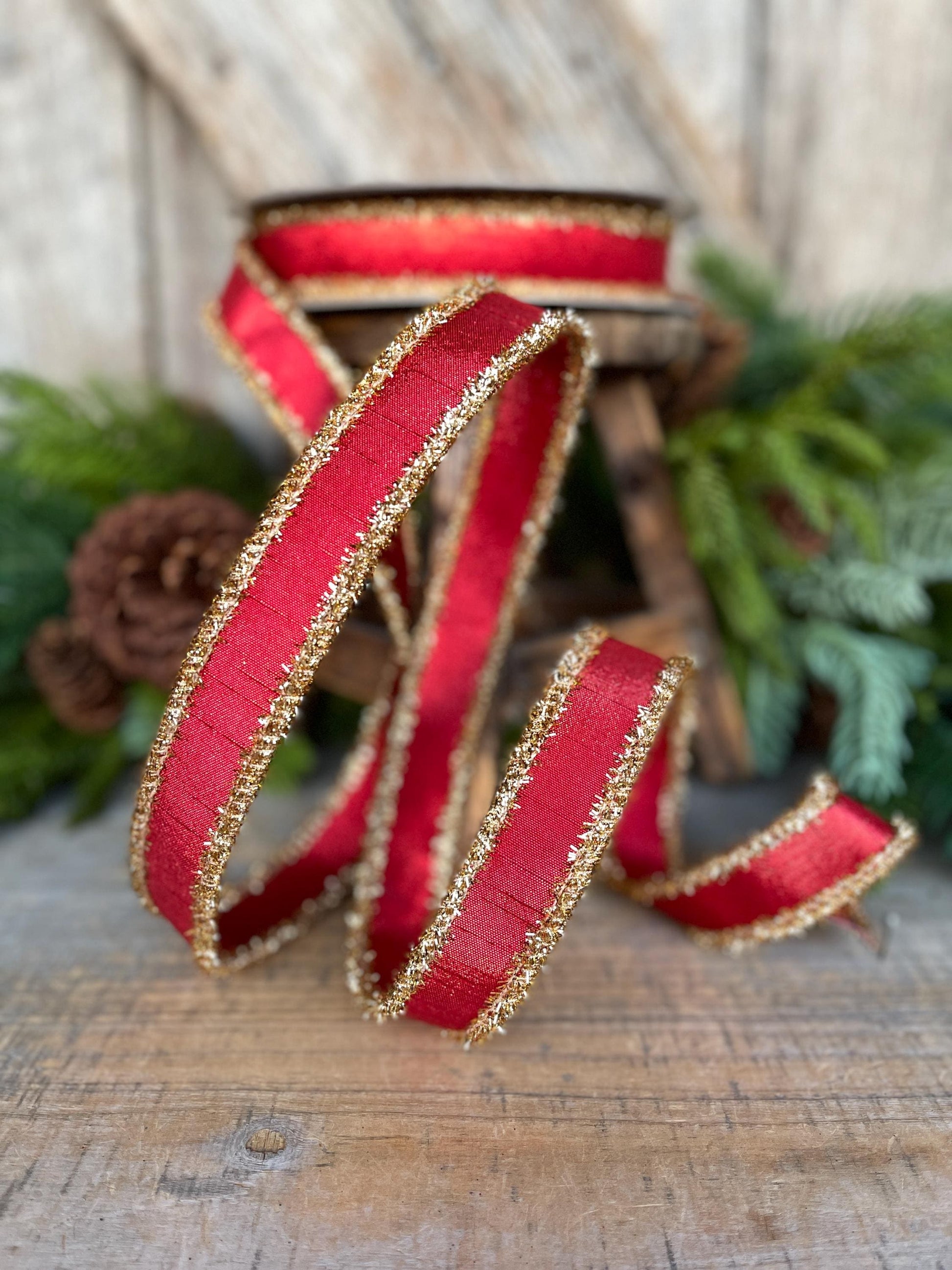1" Red & Gold Tinsel Ribbon, Christmas Ribbon, Farrisilk ribbon, 1" x 10 yards
