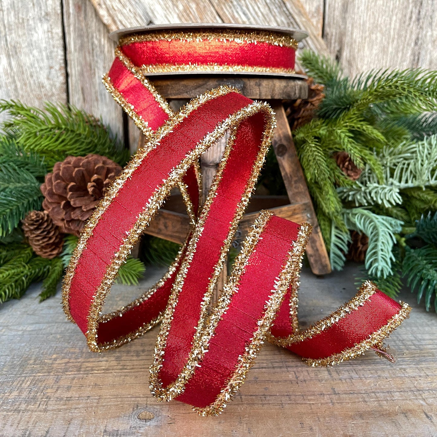 1" Red & Gold Tinsel Ribbon, Christmas Ribbon, Farrisilk ribbon, 1" x 10 yards