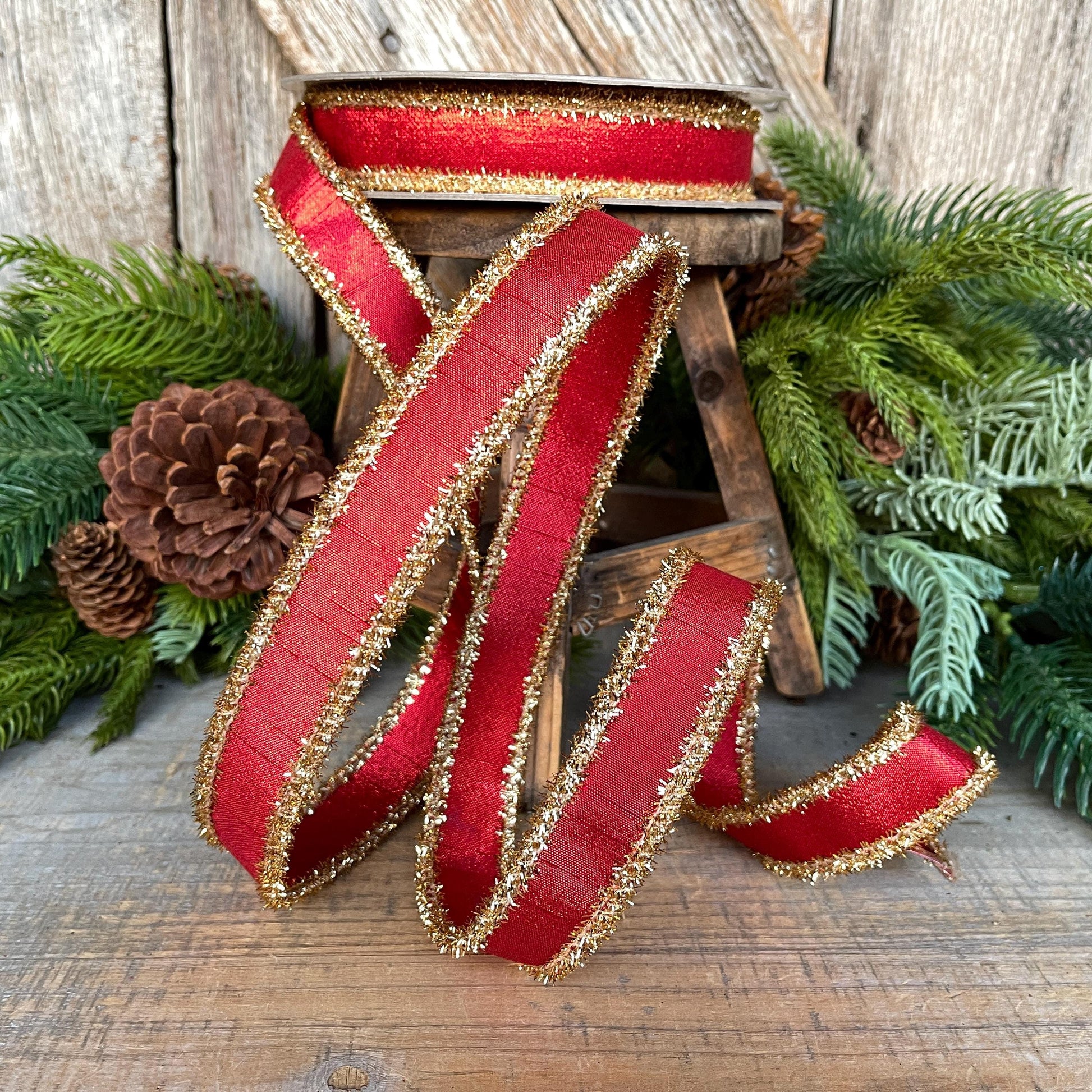 1" Red & Gold Tinsel Ribbon, Christmas Ribbon, Farrisilk ribbon, 1" x 10 yards