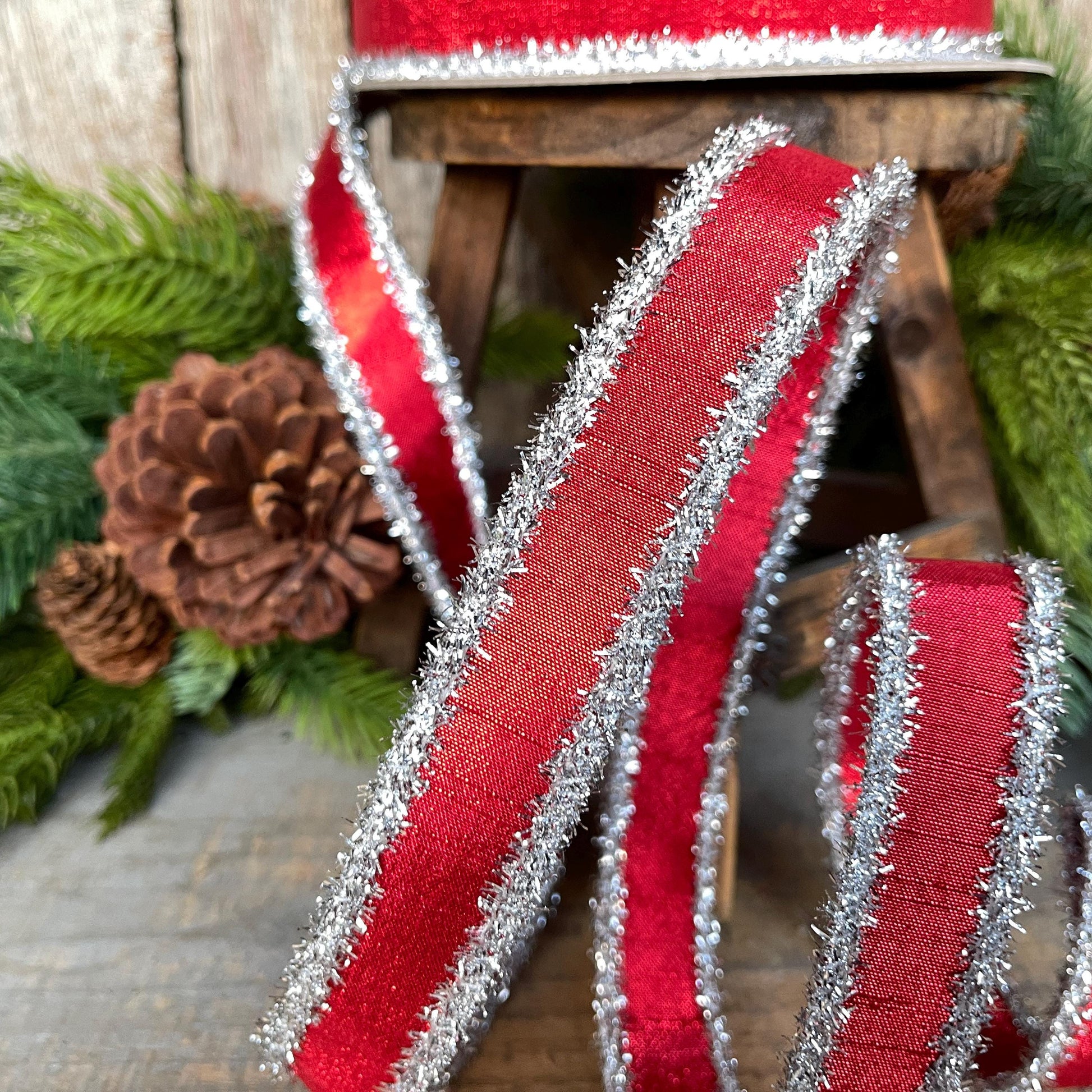 1" Red & Silver Tinsel Ribbon, Christmas Ribbon, Farrisilk ribbon