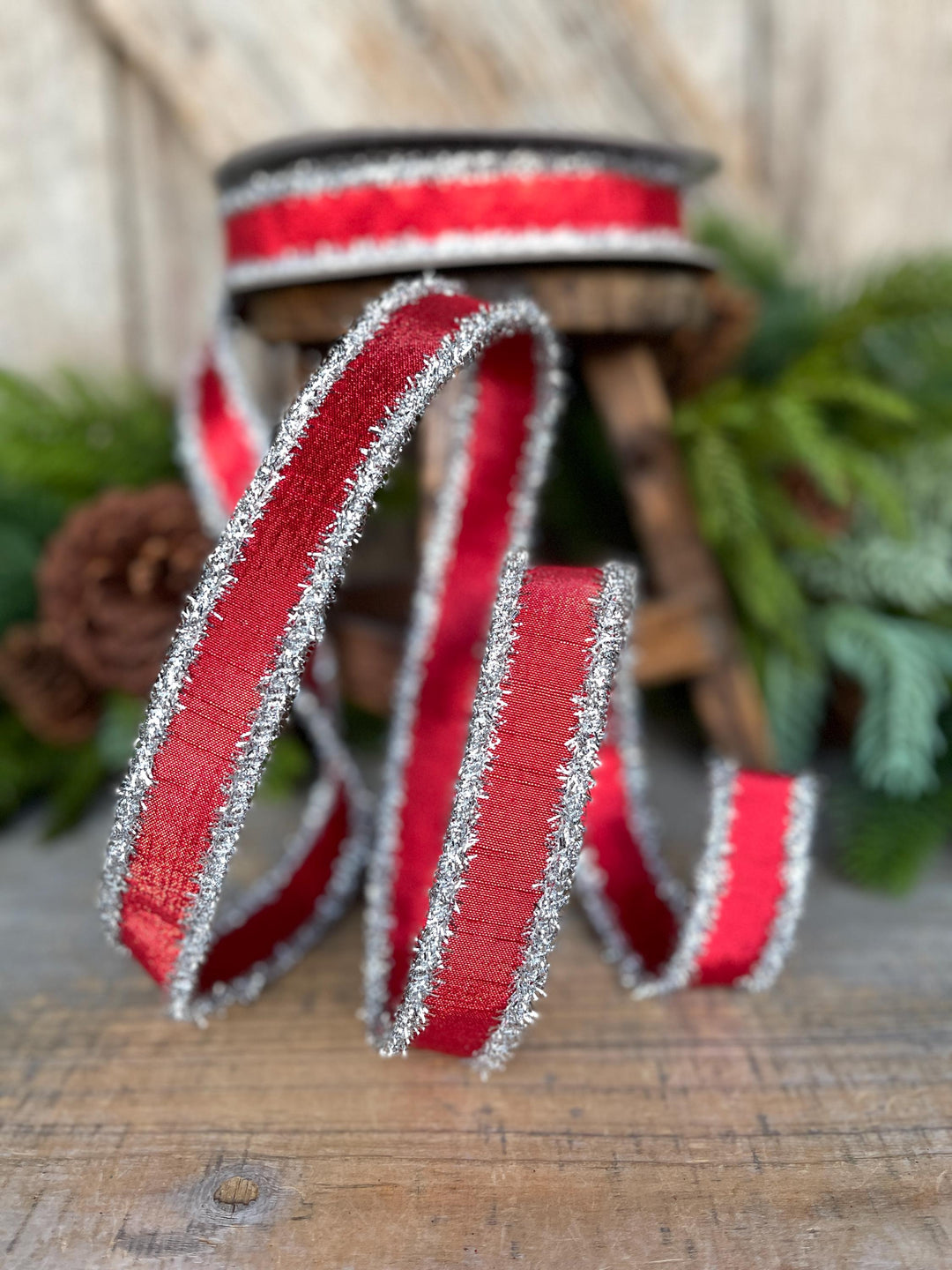 1" Red &amp; Silver Tinsel Ribbon, Christmas Ribbon, Farrisilk ribbon