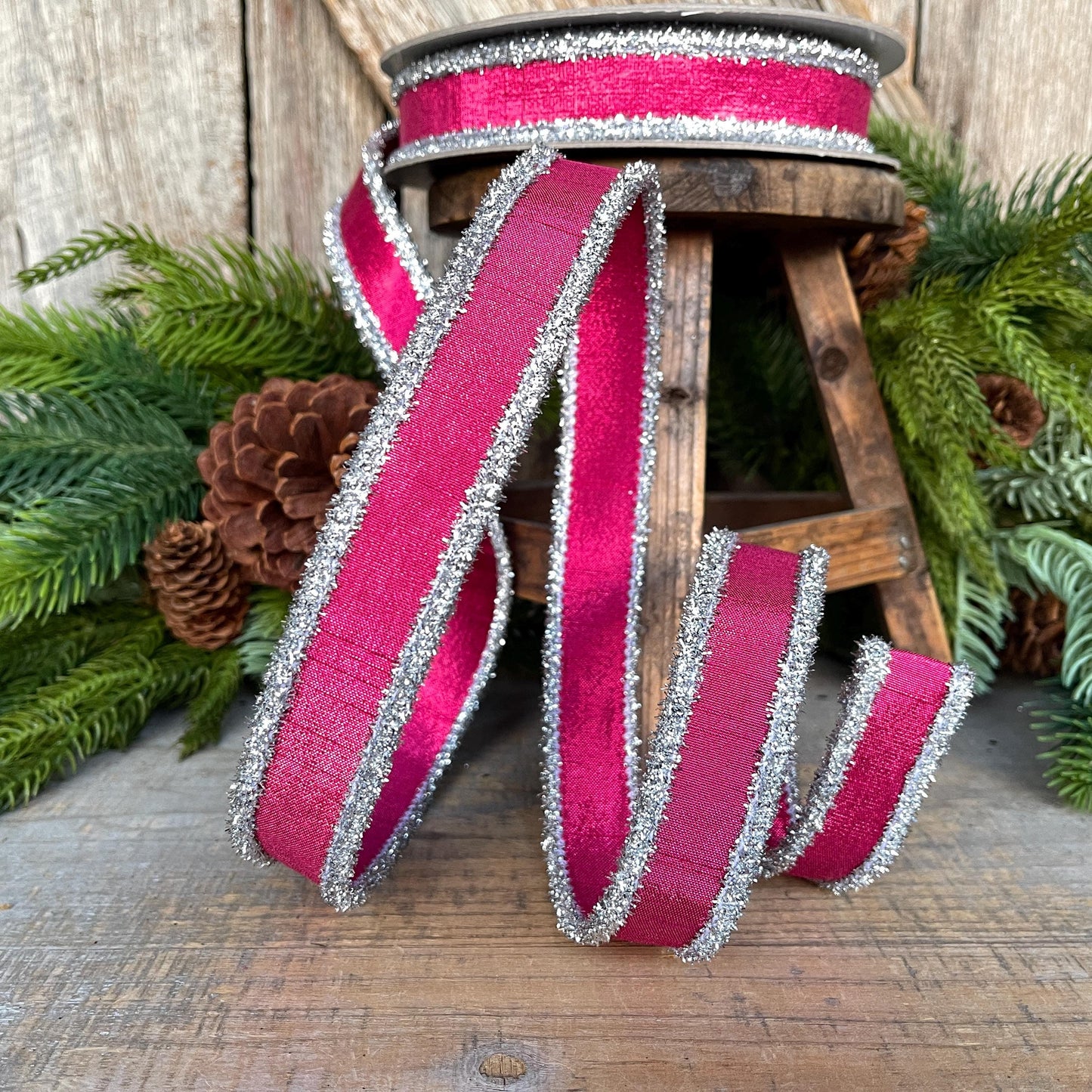 1" Hot Pink & Silver Tinsel Ribbon, Christmas Ribbon, Farrisilk ribbon, 1" x 10 yards