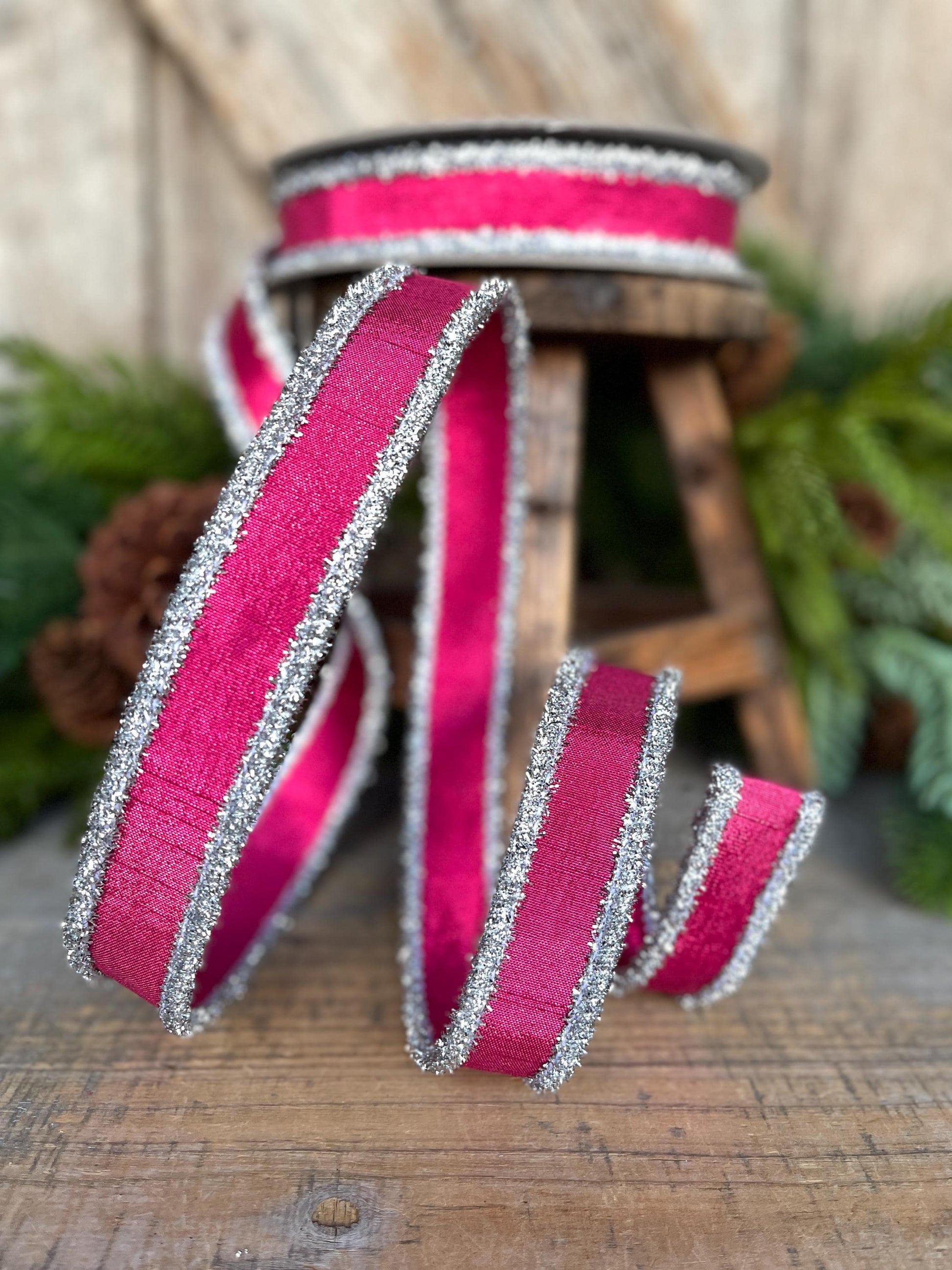 1" Hot Pink & Silver Tinsel Ribbon, Christmas Ribbon, Farrisilk ribbon, 1" x 10 yards