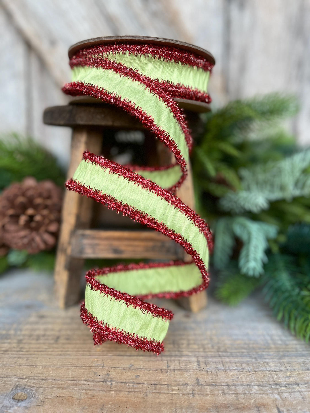 1" Lime Green & Red Tinsel Ribbon, Christmas Ribbon, Green Ribbon