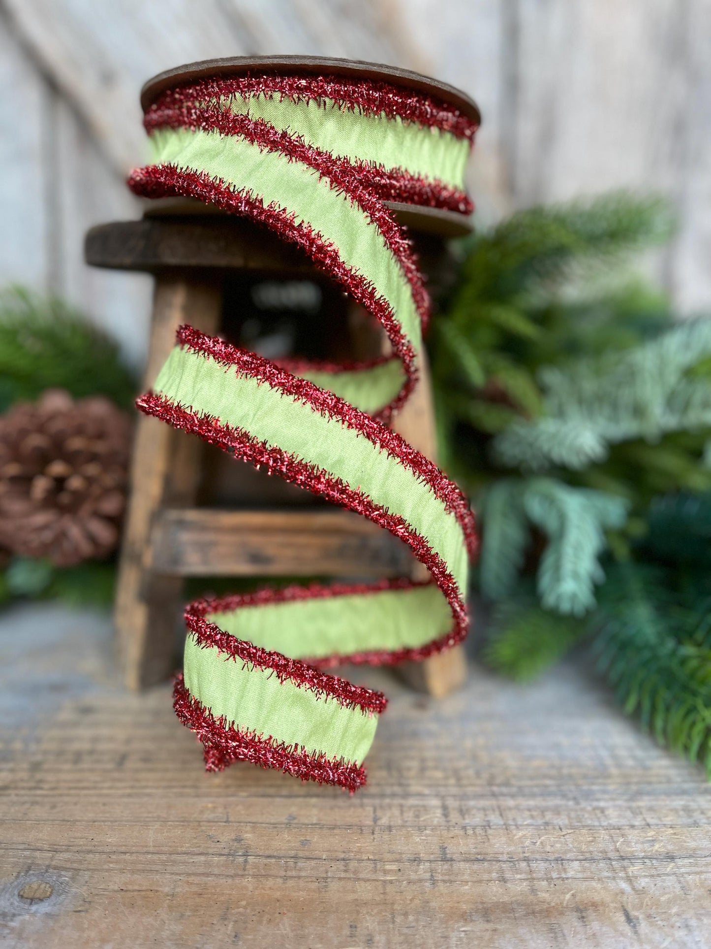 1" Lime Green & Red Tinsel Ribbon, Christmas Ribbon, Green Ribbon, Tinsel Ribbon, Gift Wrap Ribbon