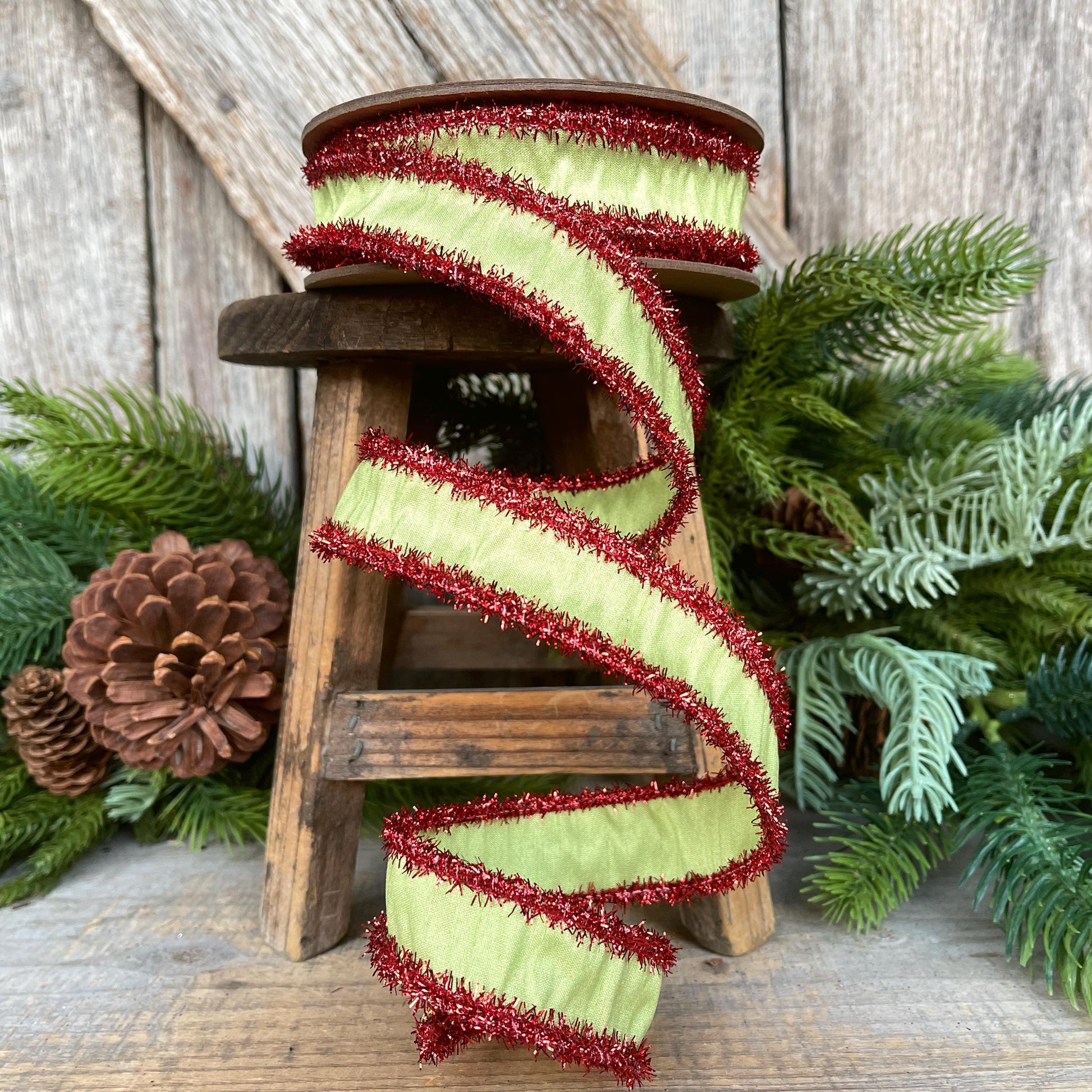 1" Lime Green & Red Tinsel Ribbon, Christmas Ribbon, Green Ribbon, Tinsel Ribbon, Gift Wrap Ribbon
