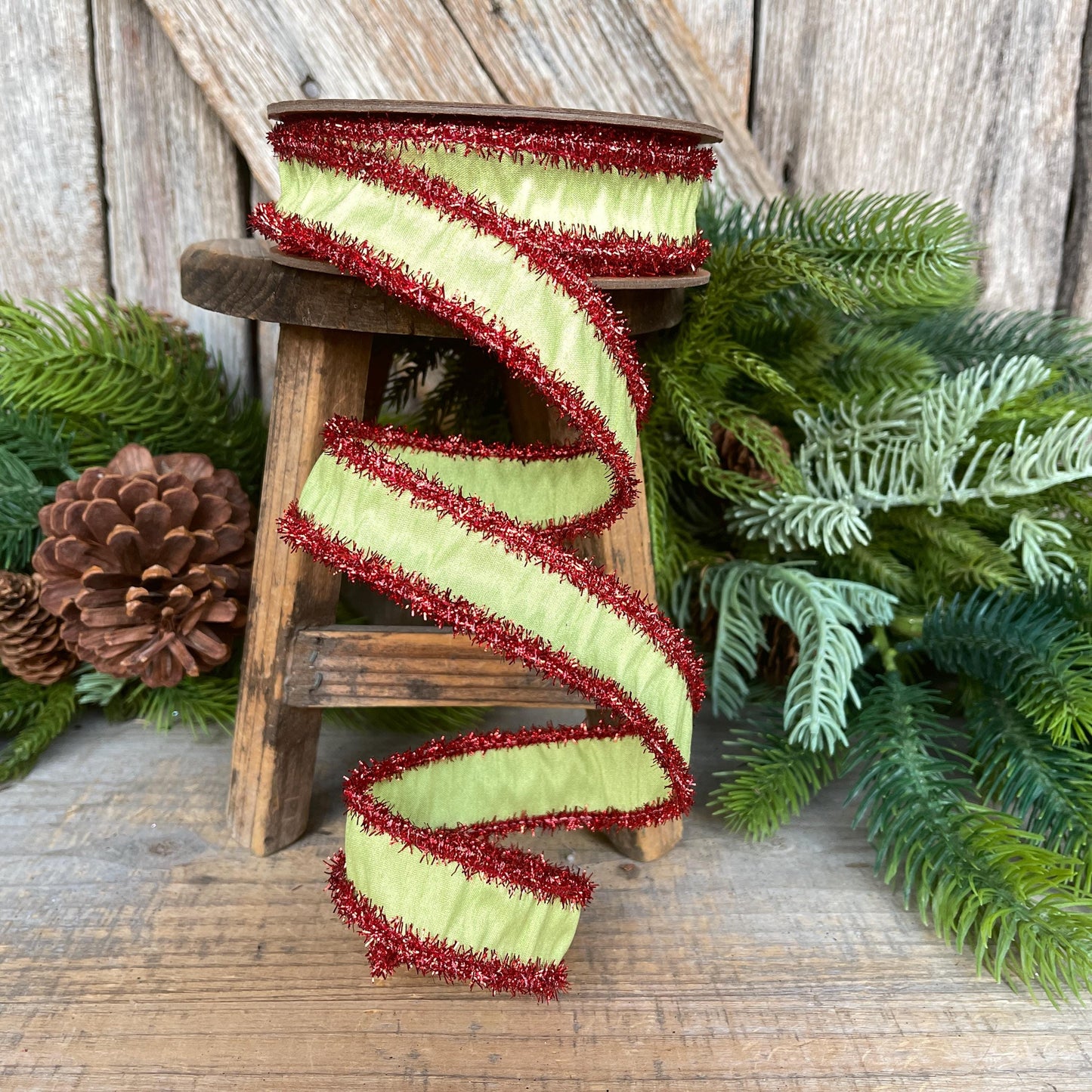 1" Lime Green & Red Tinsel Ribbon, Christmas Ribbon, Green Ribbon, Tinsel Ribbon, Gift Wrap Ribbon