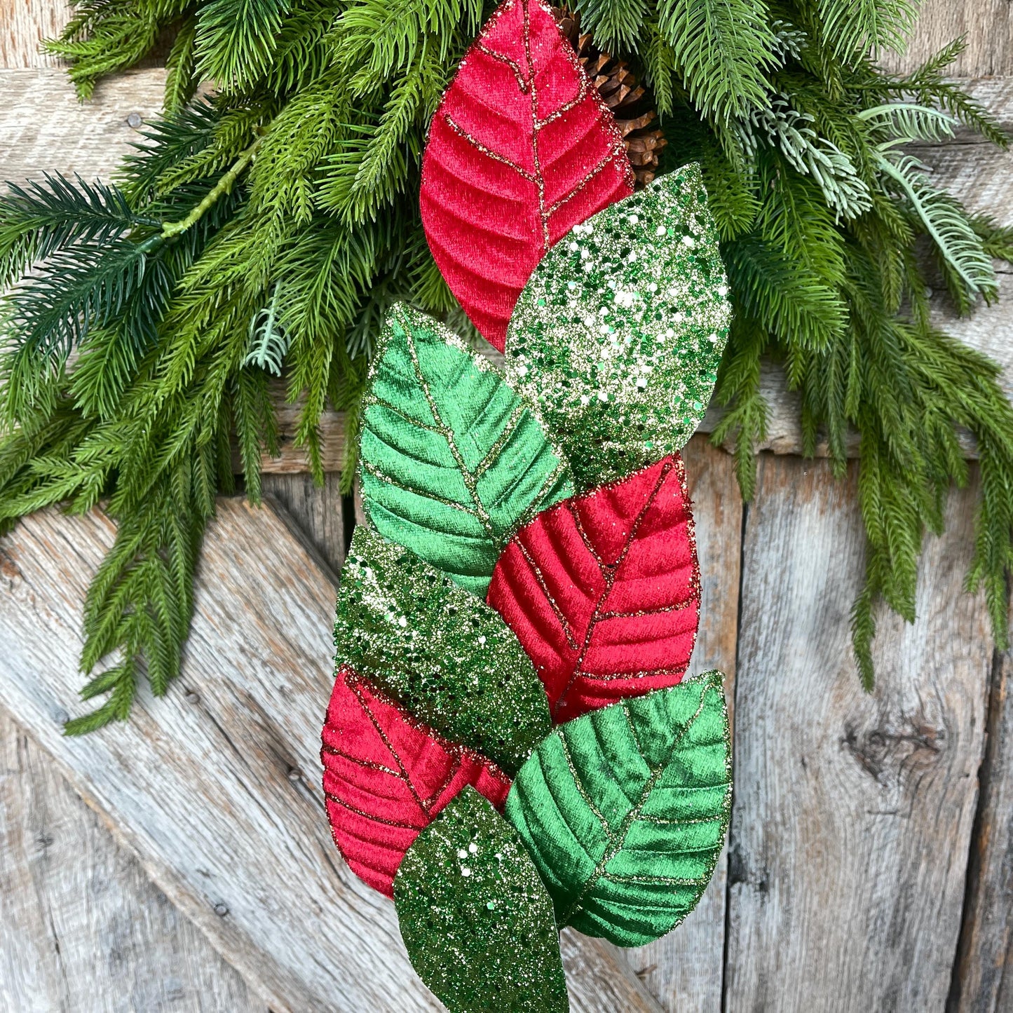 Red & Green Velvet Leaf Christmas Spray - 27" Tree Topper
