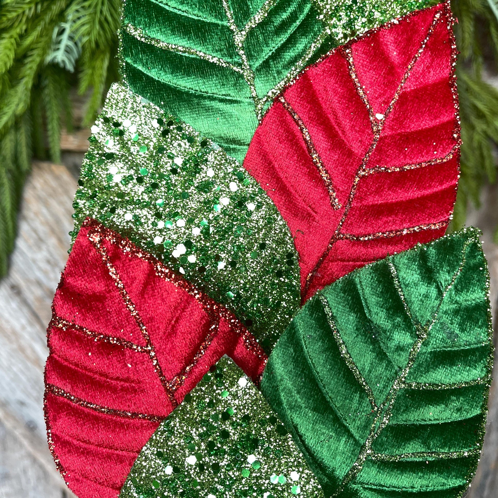 Red & Green Velvet Leaf Christmas Spray - 27" Tree Topper