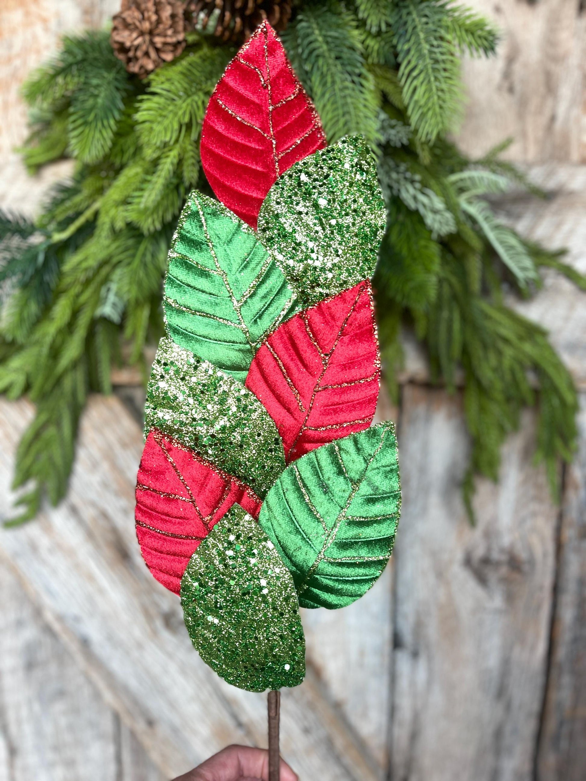 Red & Green Velvet Leaf Christmas Spray - 27" Tree Topper