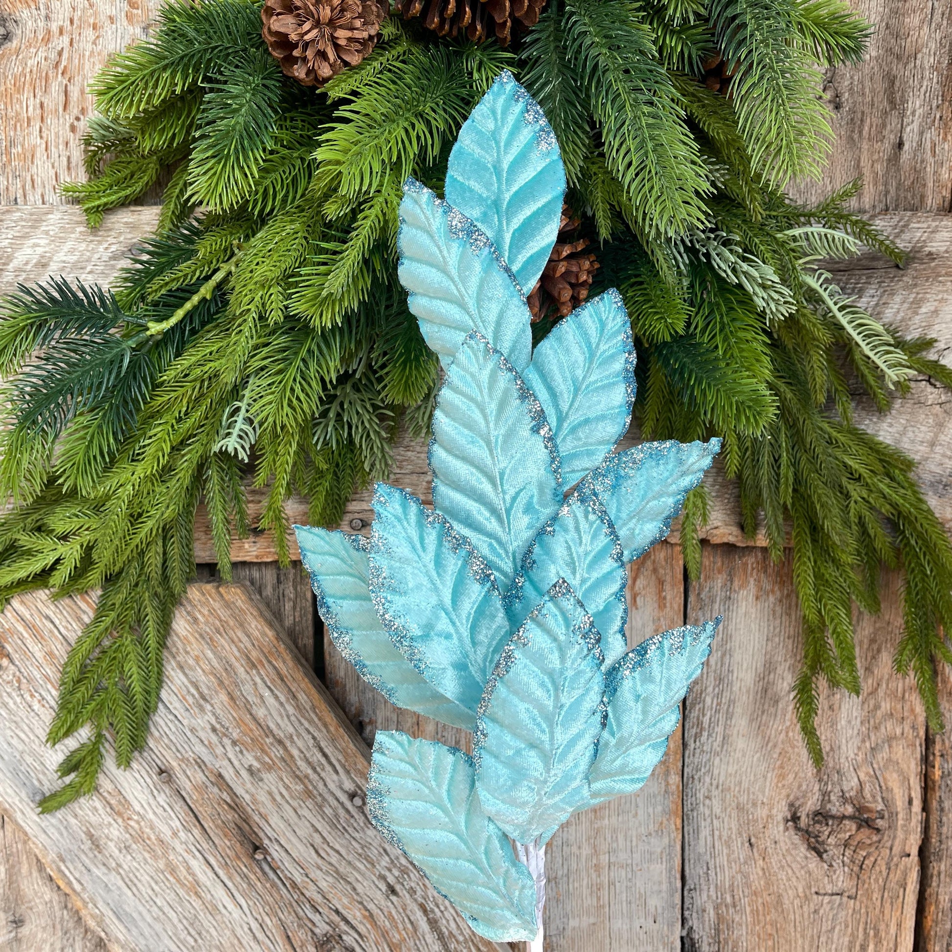 25" Light Blue Velvet Leaf Spray, Christmas Floral Stem
