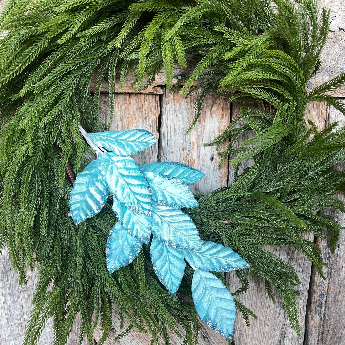 25" Light Blue Velvet Leaf Spray, Christmas Floral Stem