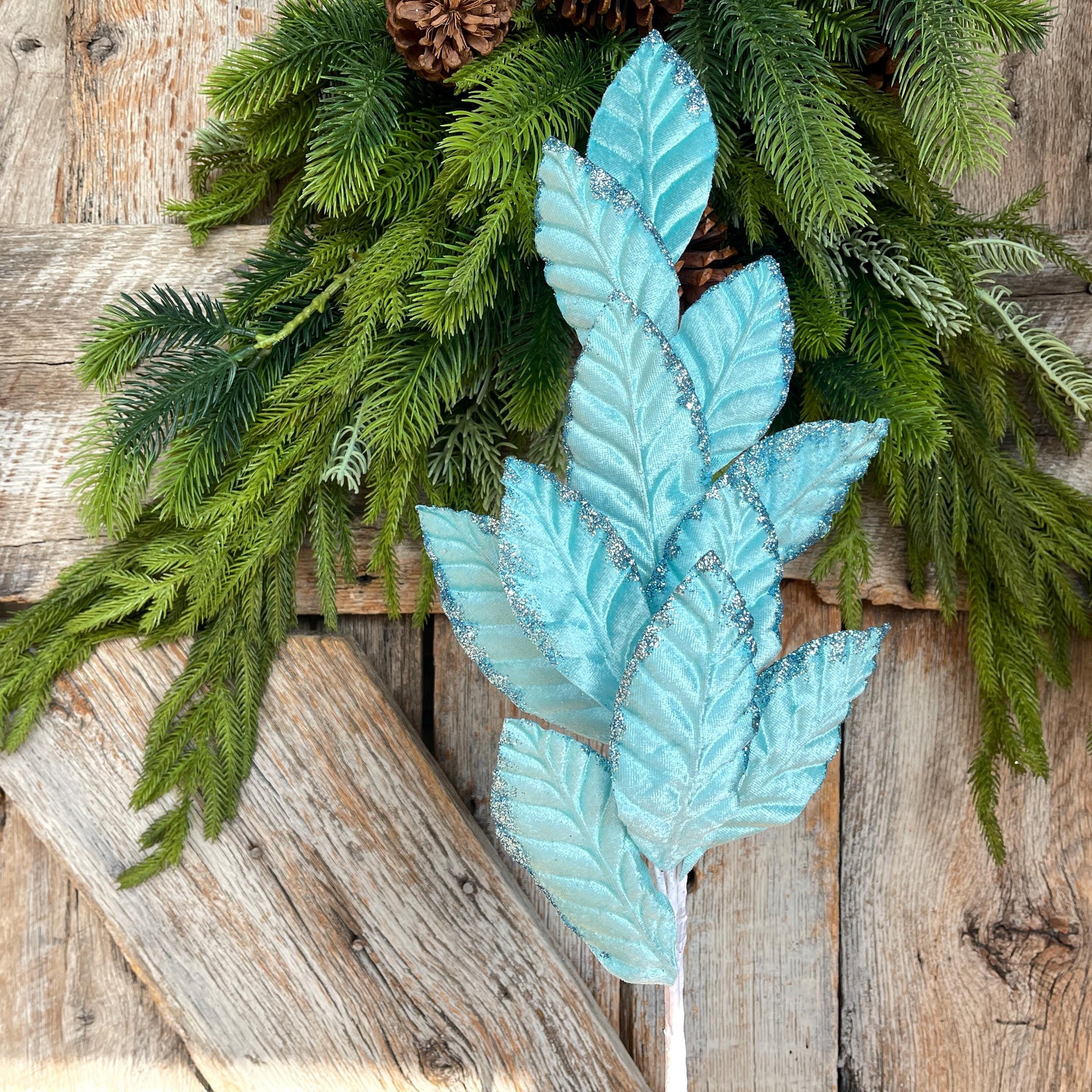 25" Light Blue Velvet Leaf Spray, Christmas Floral Stem