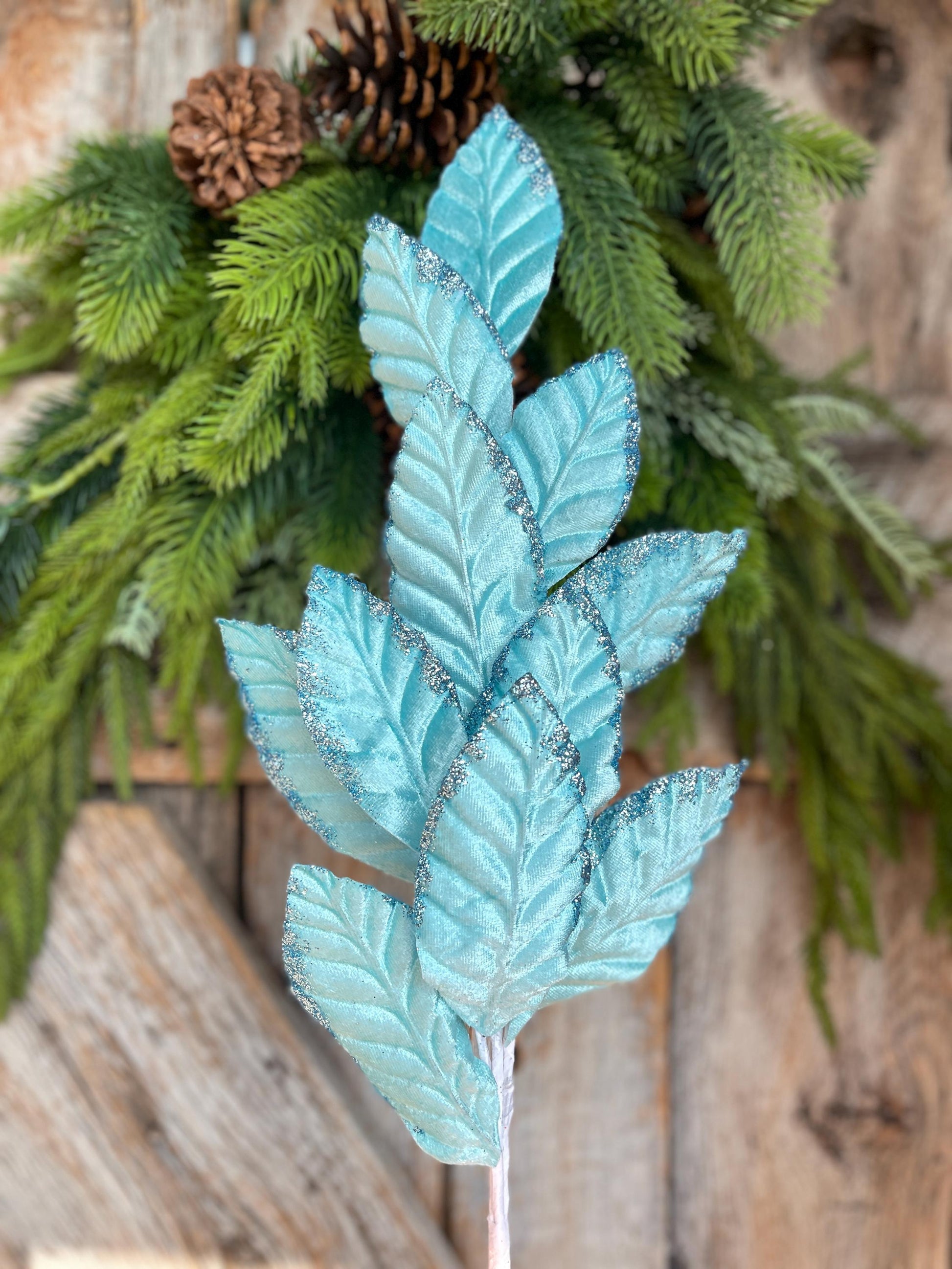 25" Light Blue Velvet Leaf Spray, Christmas Floral Stem