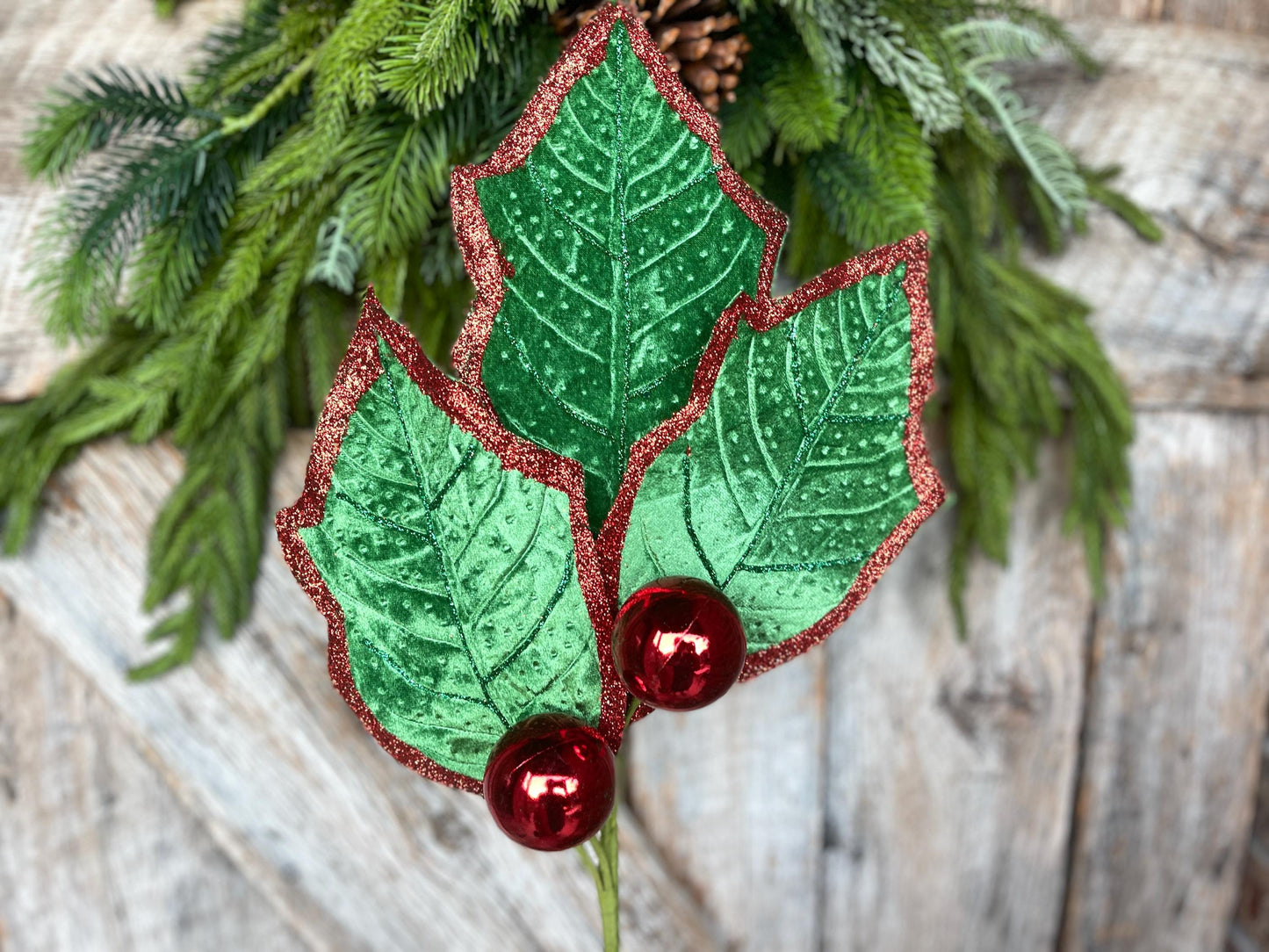 30" Emerald Green Holly Leaf Spray, Christmas Holly Leaf Floral Stem, Green Floral Picks Stems