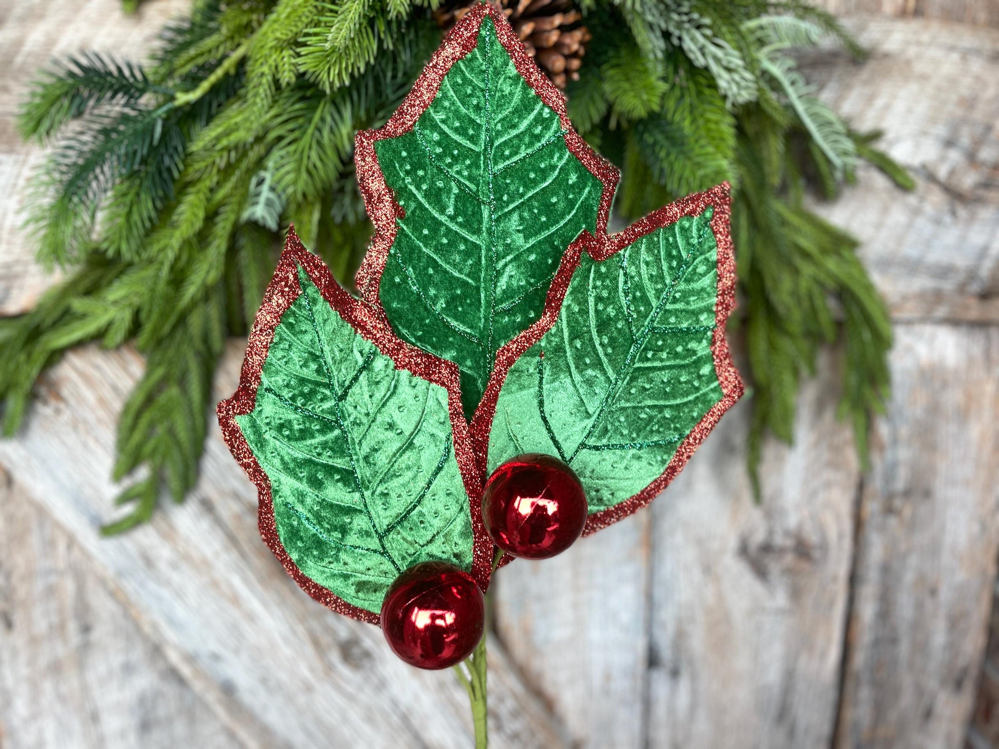 30" Emerald Green Holly Leaf Spray, Christmas Holly Leaf Floral Stem, Green Floral Picks Stems