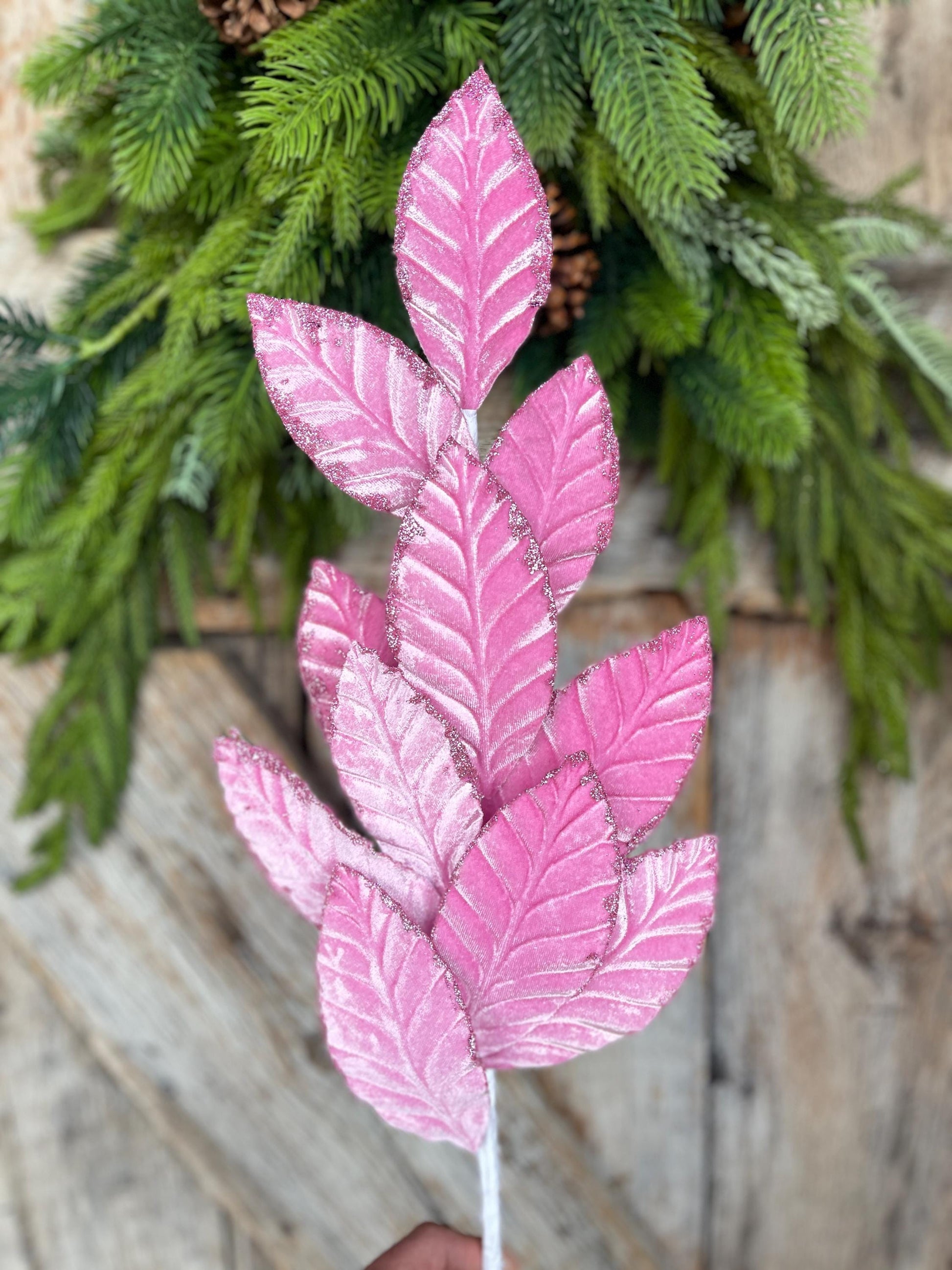 25" Mauve Pink Velvet Leaf Christmas Spray: Pink Christmas Tree Spray