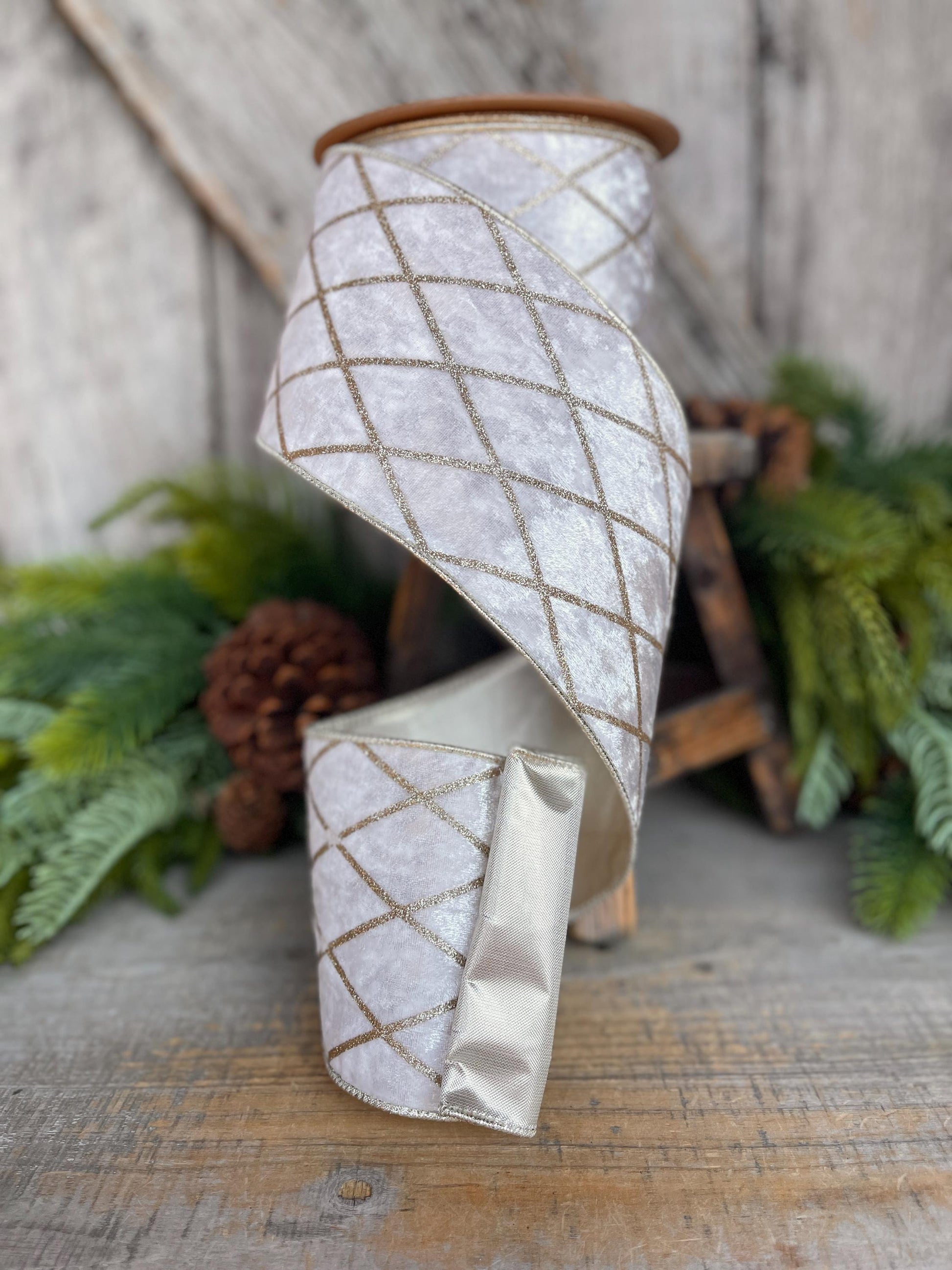 Ivory Velvet Wired Ribbon, Ivory Gold Lattice Ribbon, Christmas Ribbon, 4" x 10yds