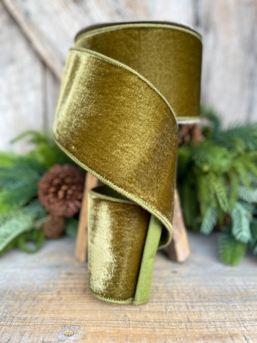 4" Olive Green Velvet Ribbon, Farrisilk Ribbon, Wired Ribbon