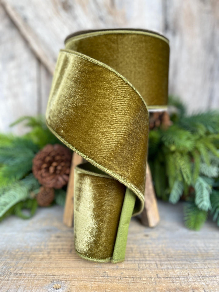 4" Olive Green Velvet Ribbon, Farrisilk Ribbon, Wired Ribbon