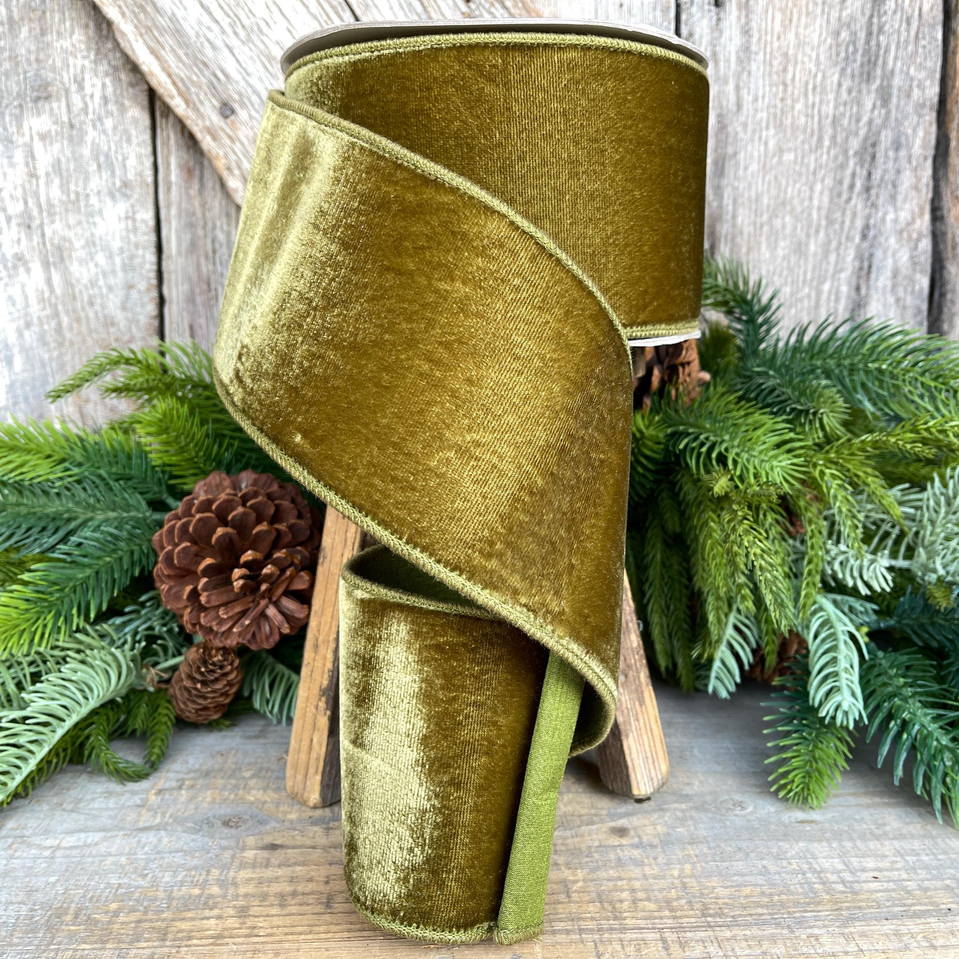 4" Olive Green Velvet Ribbon, Farrisilk Ribbon, Wired Ribbon, Christmas Ribbon, Moss Green Ribbon