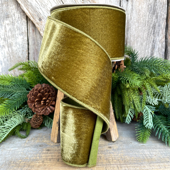 4" Olive Green Velvet Ribbon, Farrisilk Ribbon, Wired Ribbon