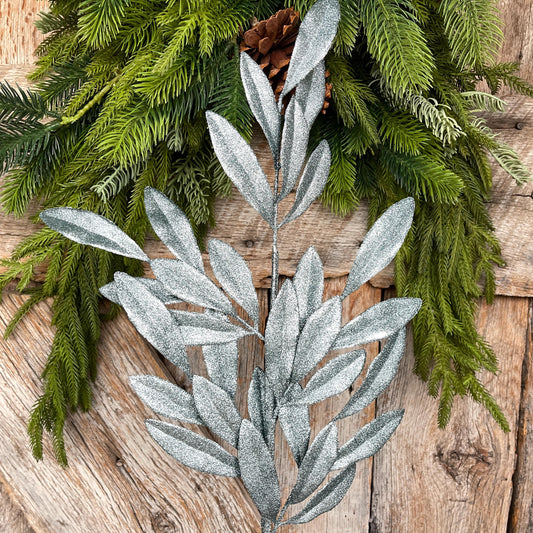 Light Blue Glitter Laurel Leaf Spray: Christmas Tree Pick (27")