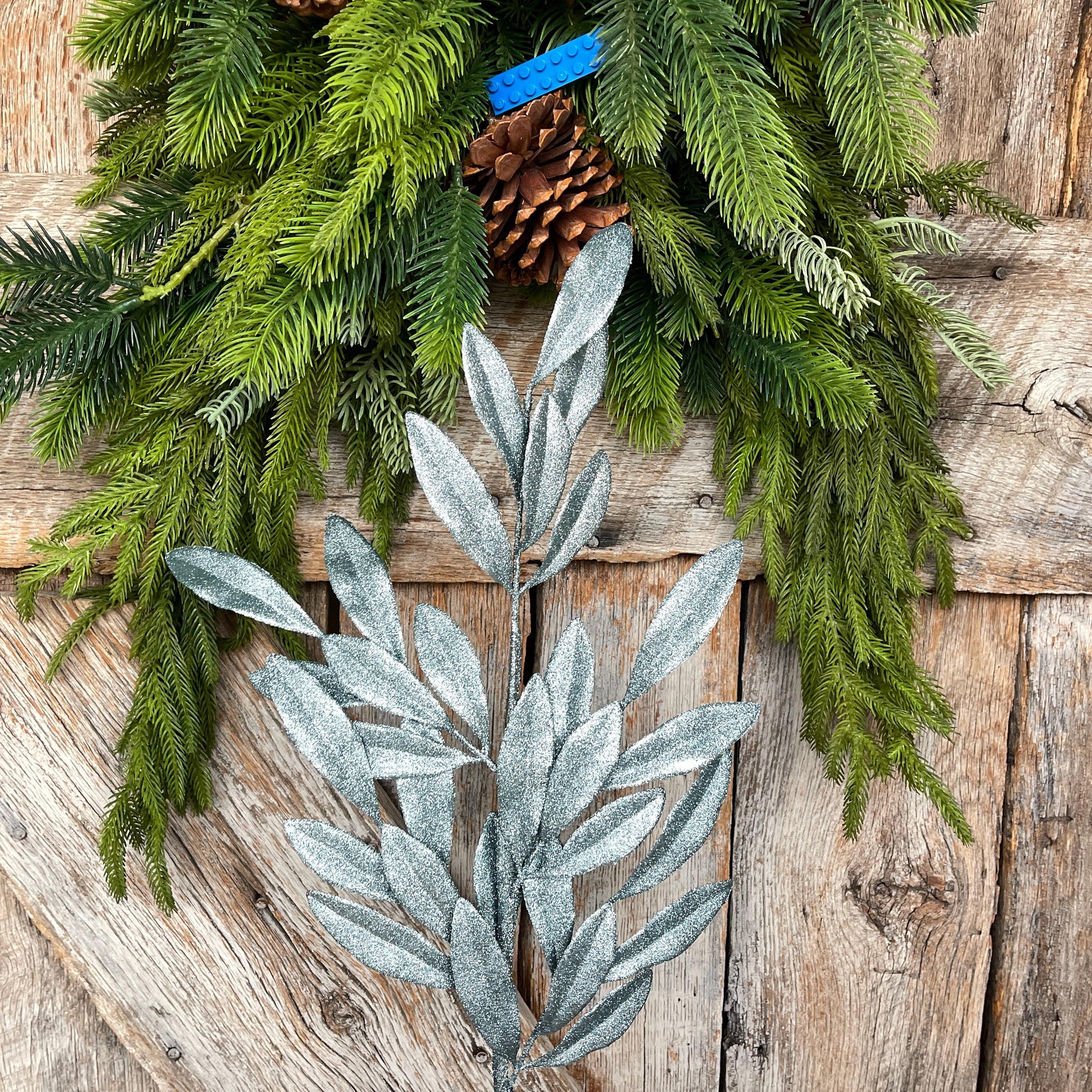 Light Blue Glitter Laurel Leaf Spray: Christmas Tree Pick (27")