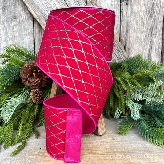 4" Hot Pink Velvet Diamonds Ribbon, Farrisilk Ribbon, Christmas RIbbon, RK852-15