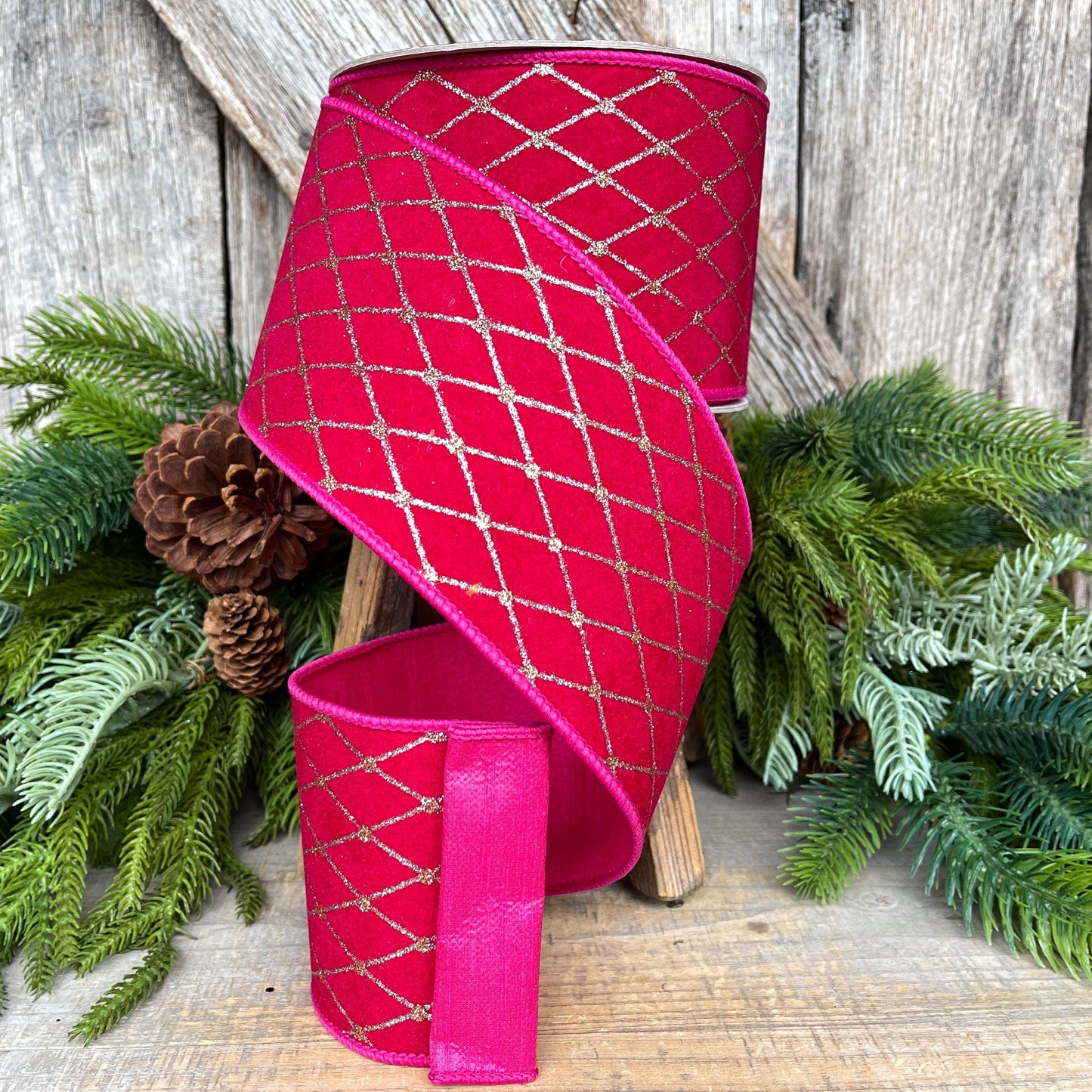 4" Hot Pink Velvet Diamonds Ribbon, Farrisilk Ribbon, Christmas RIbbon