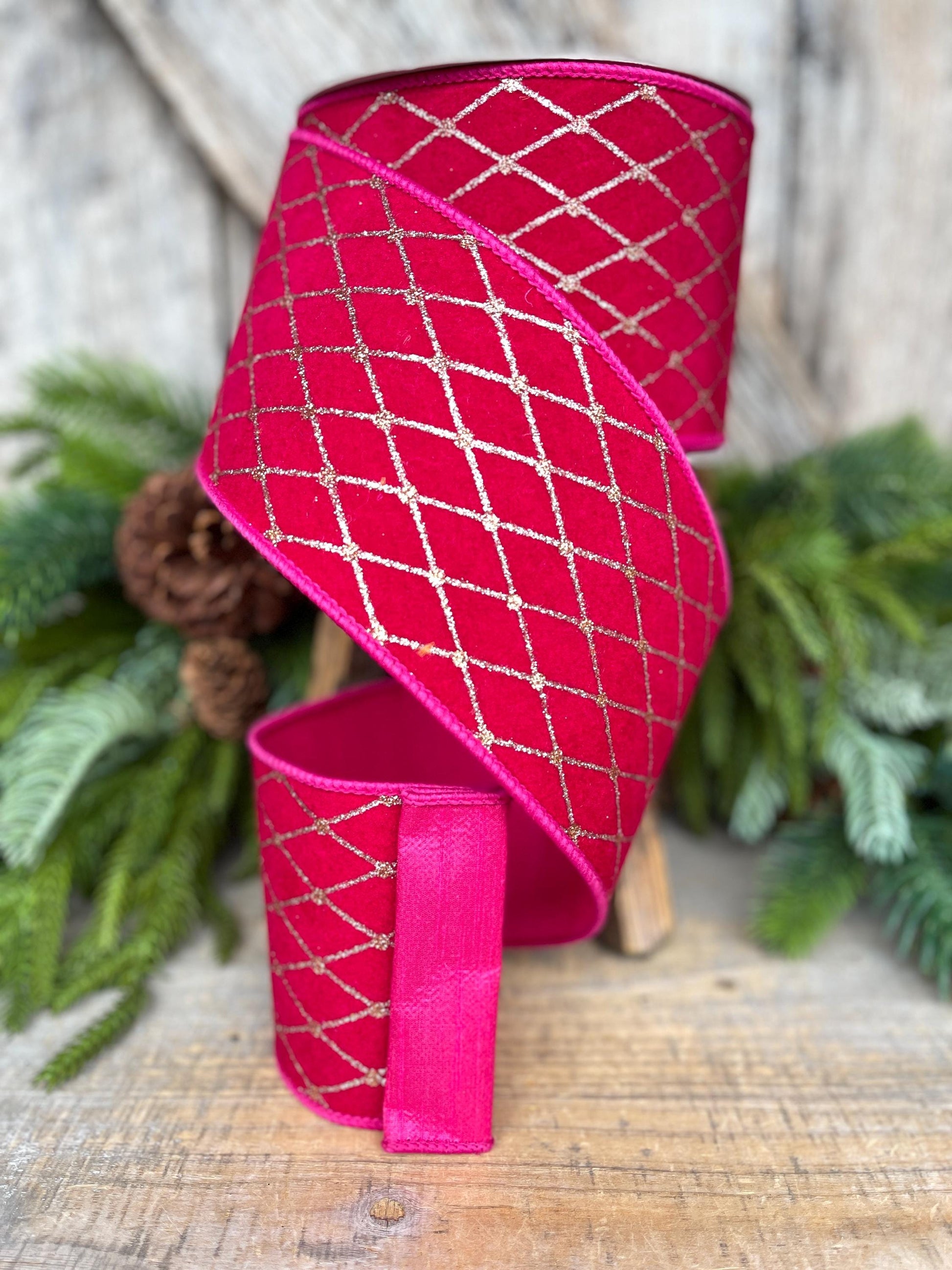 4" Hot Pink Velvet Diamonds Ribbon, Farrisilk Ribbon, Christmas RIbbon