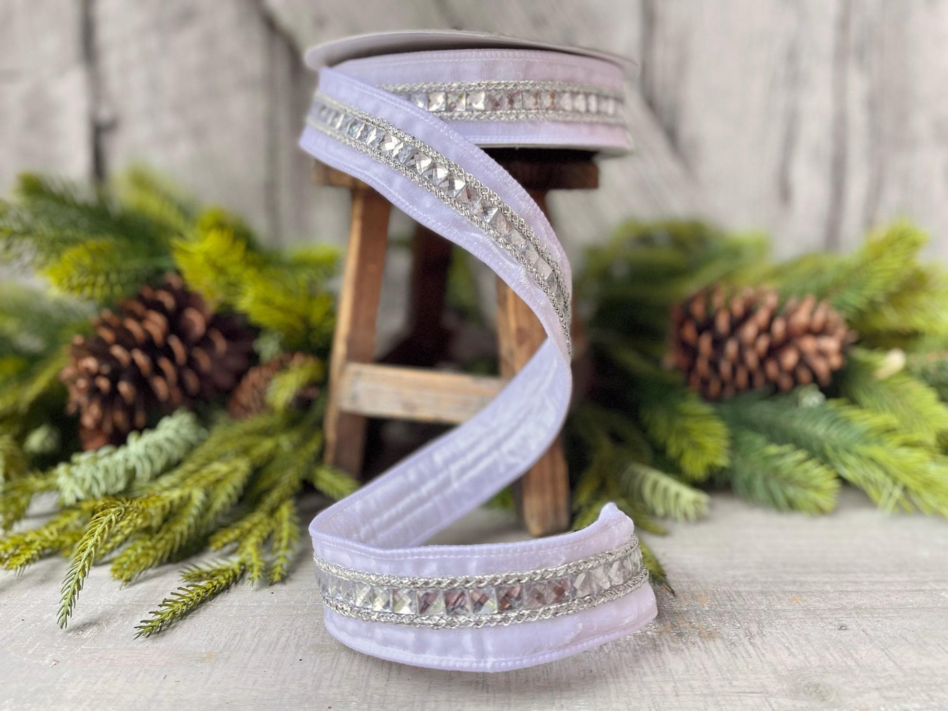 1.5" White Gemstones, Farrisilk, White Jeweled RIbbon