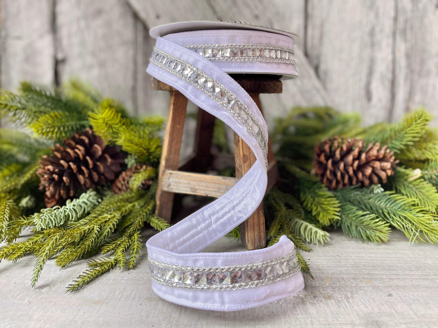 1.5" White Gemstones, Farrisilk, White Jeweled RIbbon