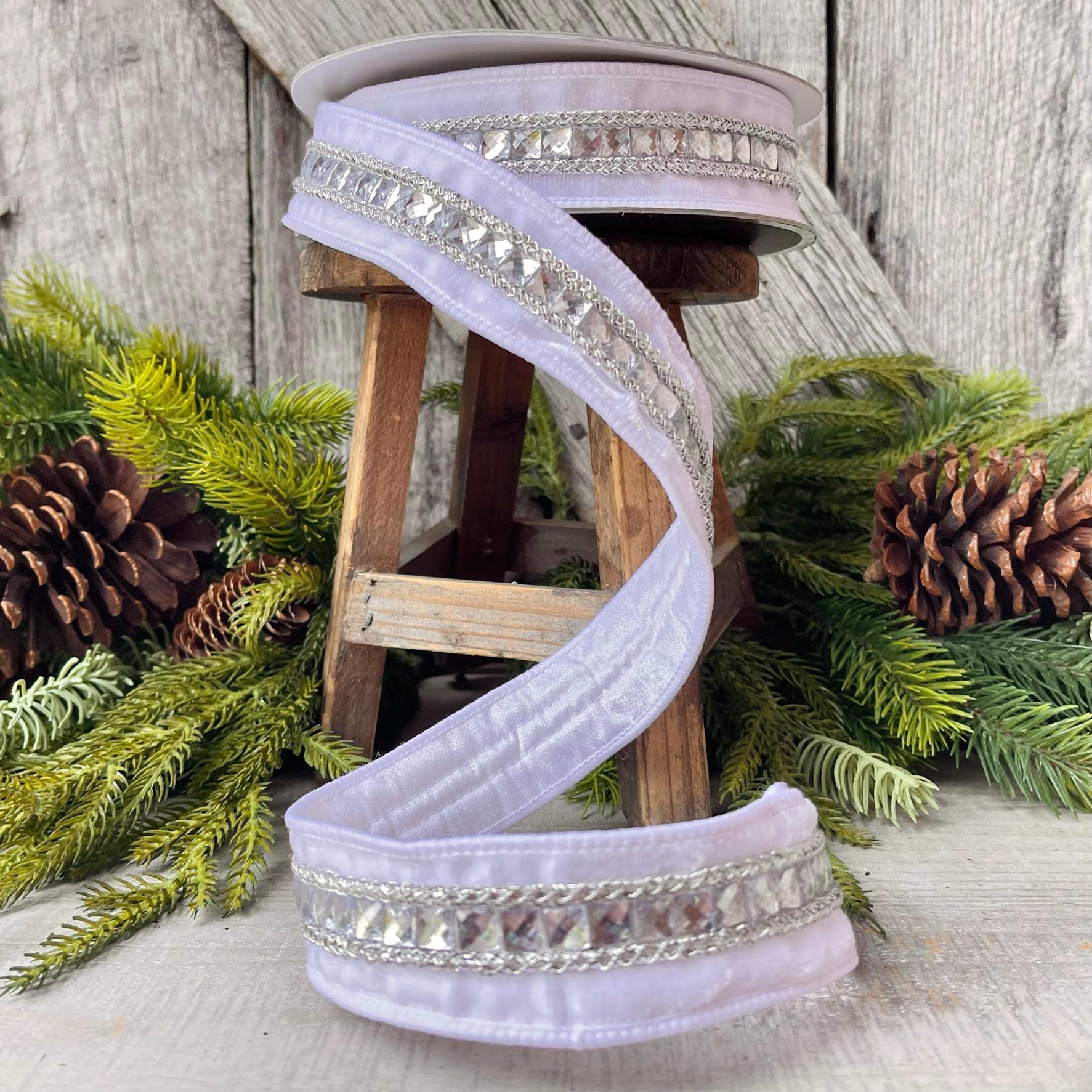 1.5" White Gemstones, Farrisilk, White Jeweled RIbbon
