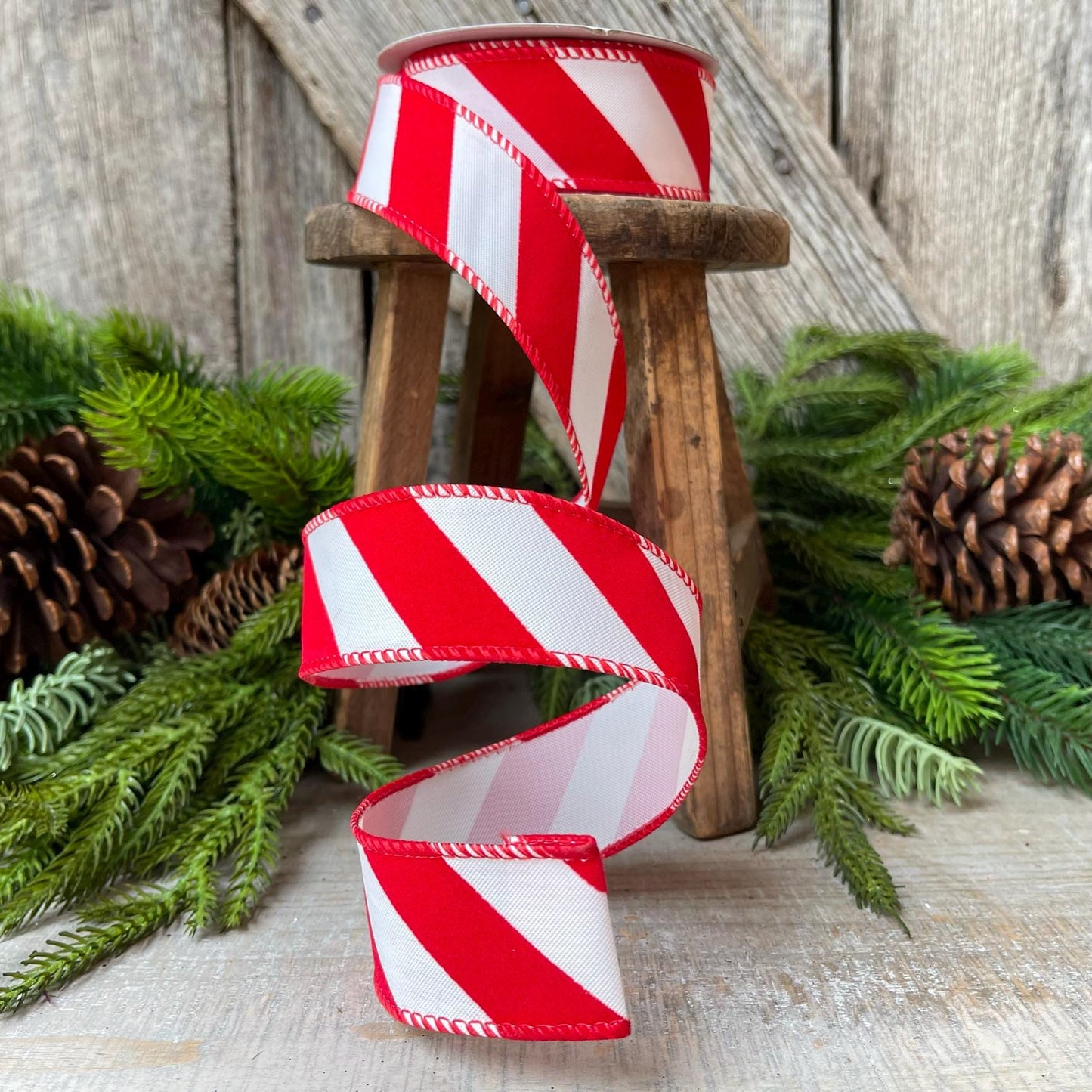 1.5" Red and White Diagonal Stripe Ribbon, Ribbon with wire, Christmas Ribbon