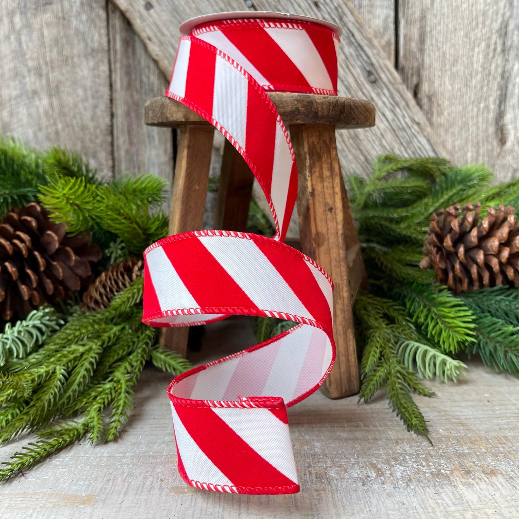 1.5" Red and White Diagonal Stripe Ribbon, Ribbon with wire, Christmas Ribbon