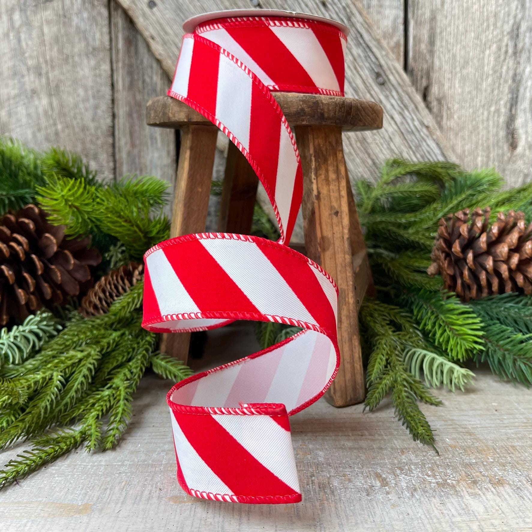 1.5" Red and White Diagonal Stripe Ribbon, Ribbon with wire, Christmas Ribbon