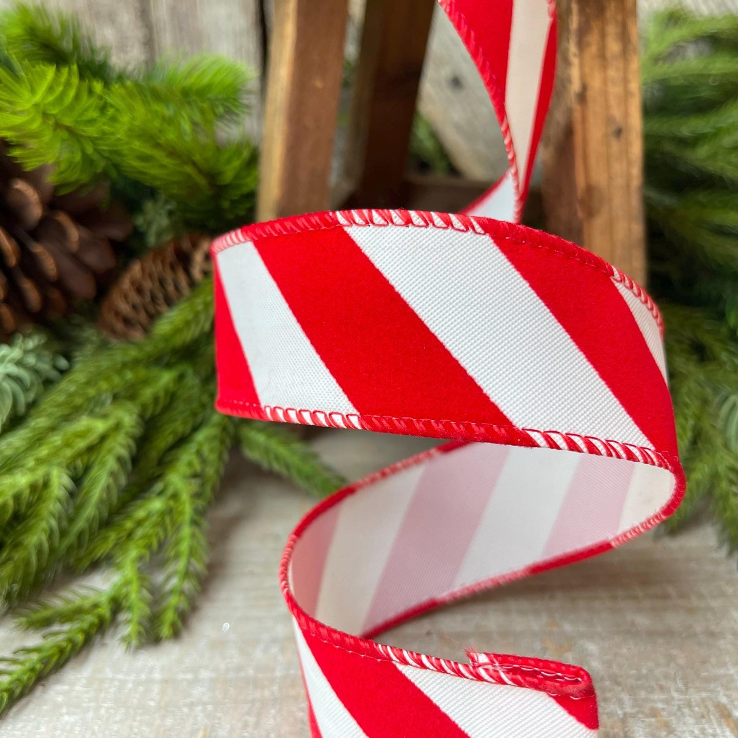 1.5" Red and White Diagonal Stripe Ribbon, Ribbon with wire, Christmas Ribbon