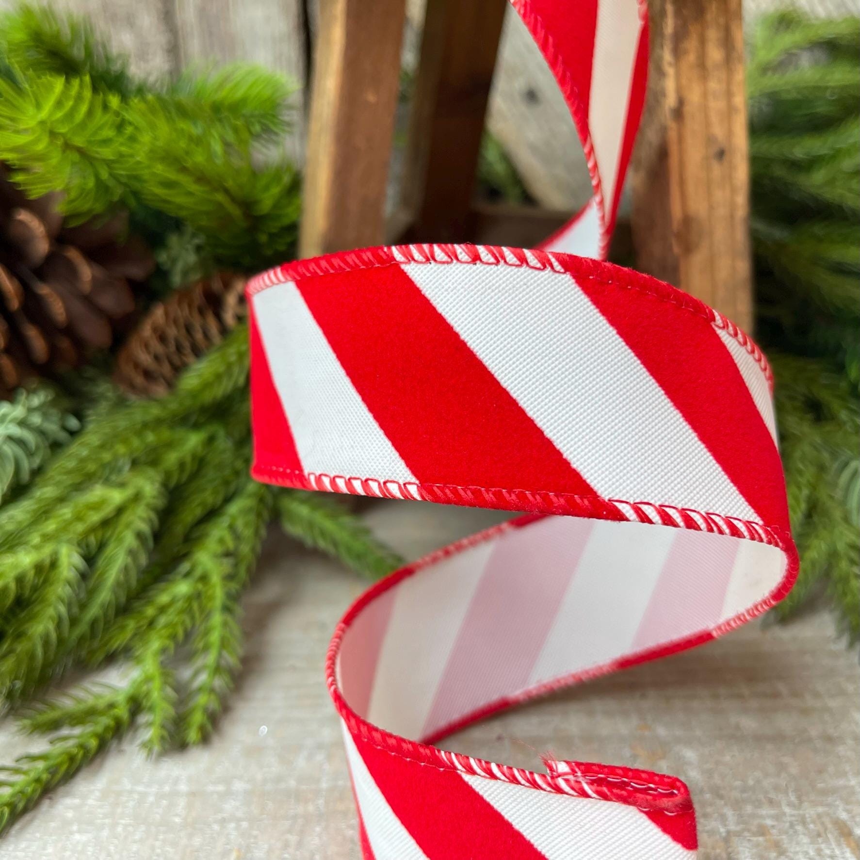 1.5" Red and White Diagonal Stripe Ribbon, Ribbon with wire, Christmas Ribbon